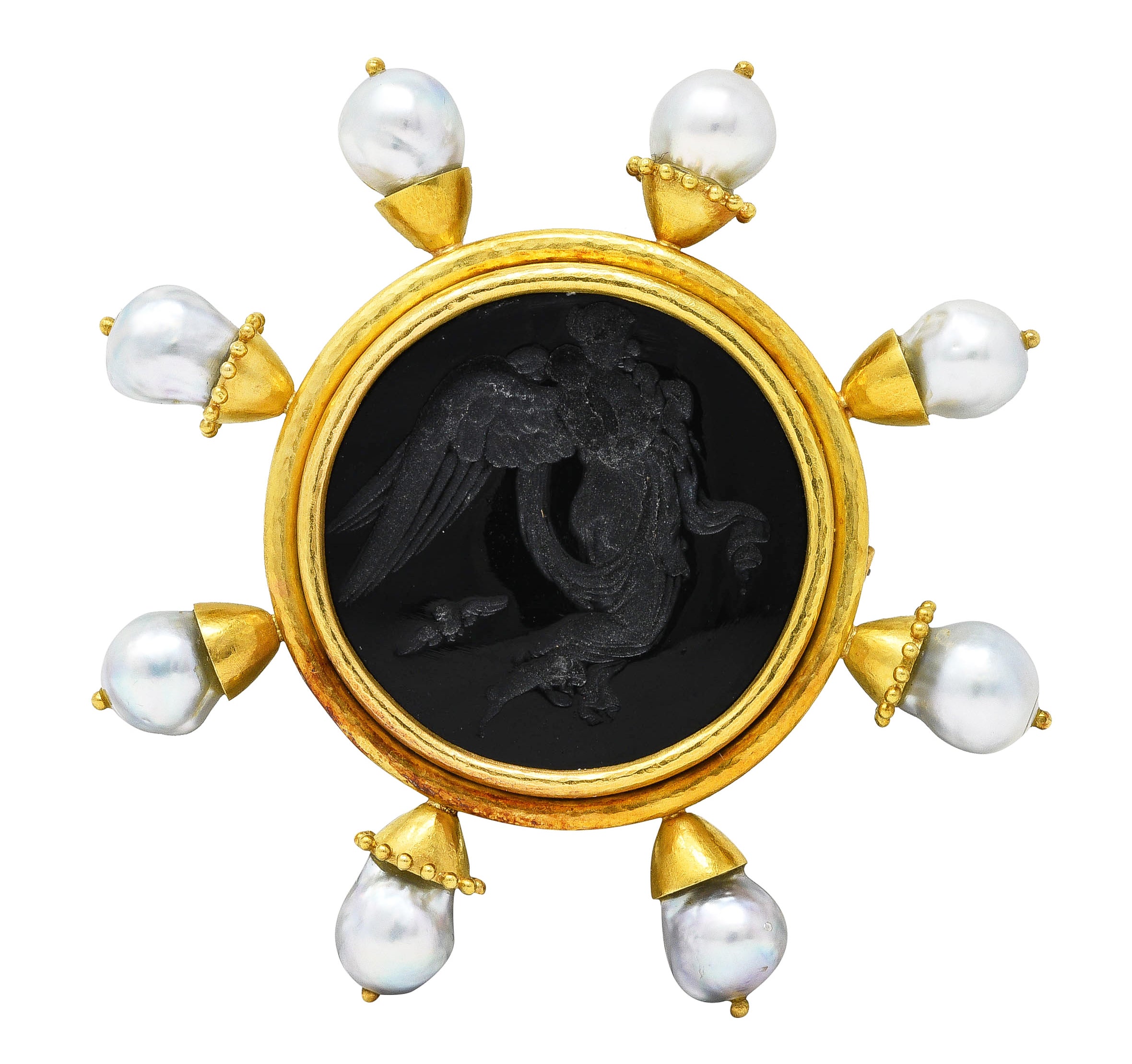 Elizabeth Locke Baroque Pearl Black Venetian Glass 18 Karat Yellow Gold Goddess Nyx Intaglio Vintage Brooch Wilson's Estate Jewelry