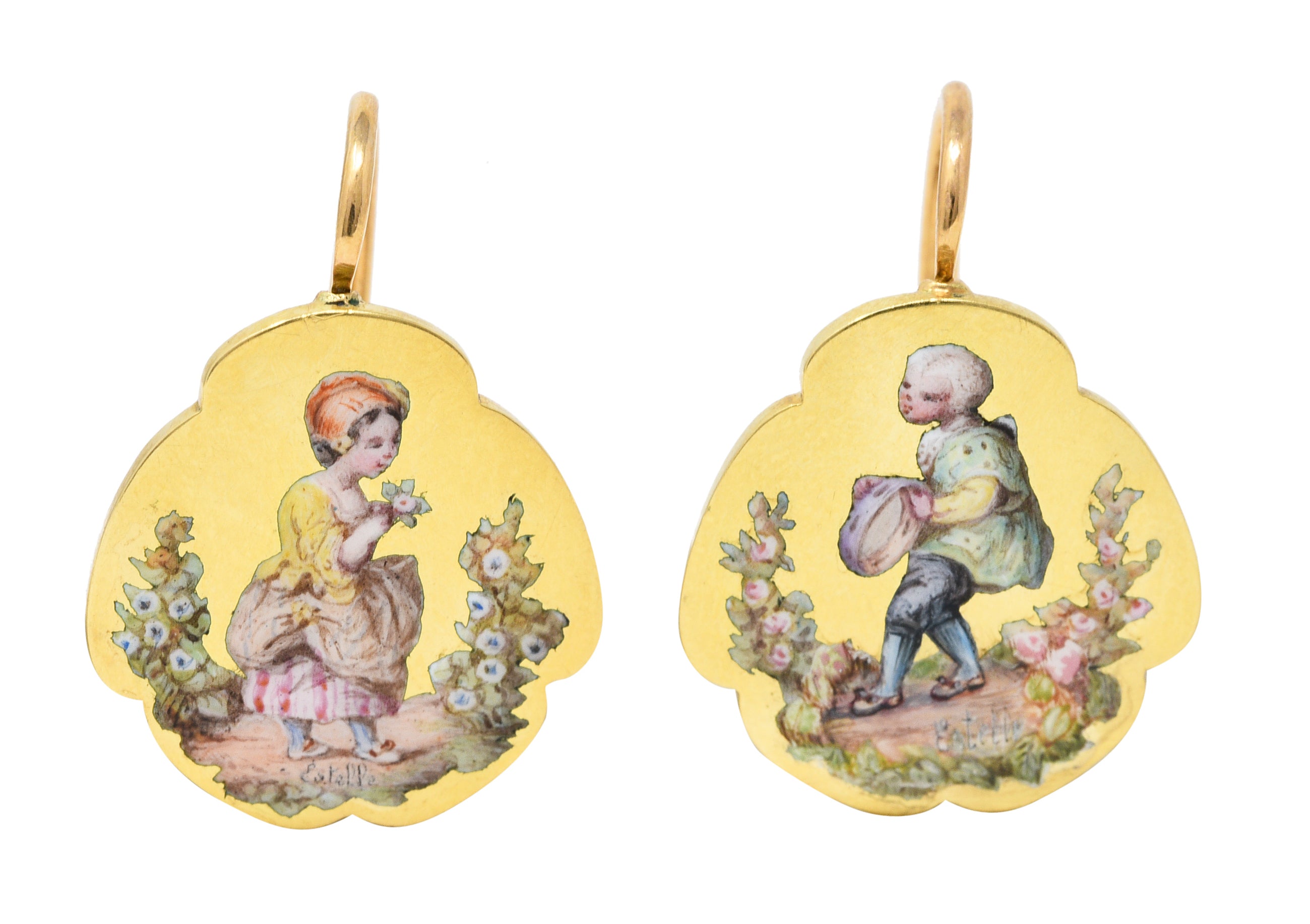 Victorian Painted Enamel 18 Karat Yellow Gold Children Portrait Antique Earrings Wilson's Estate Jewelry