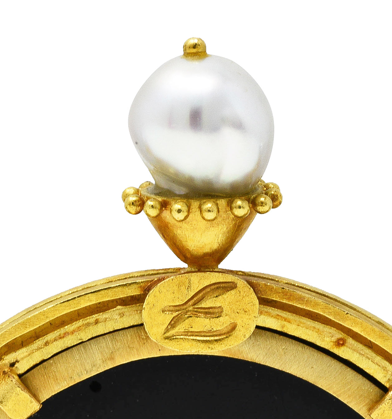 Elizabeth Locke Baroque Pearl Black Venetian Glass 18 Karat Yellow Gold Goddess Nyx Intaglio Vintage Brooch Wilson's Estate Jewelry