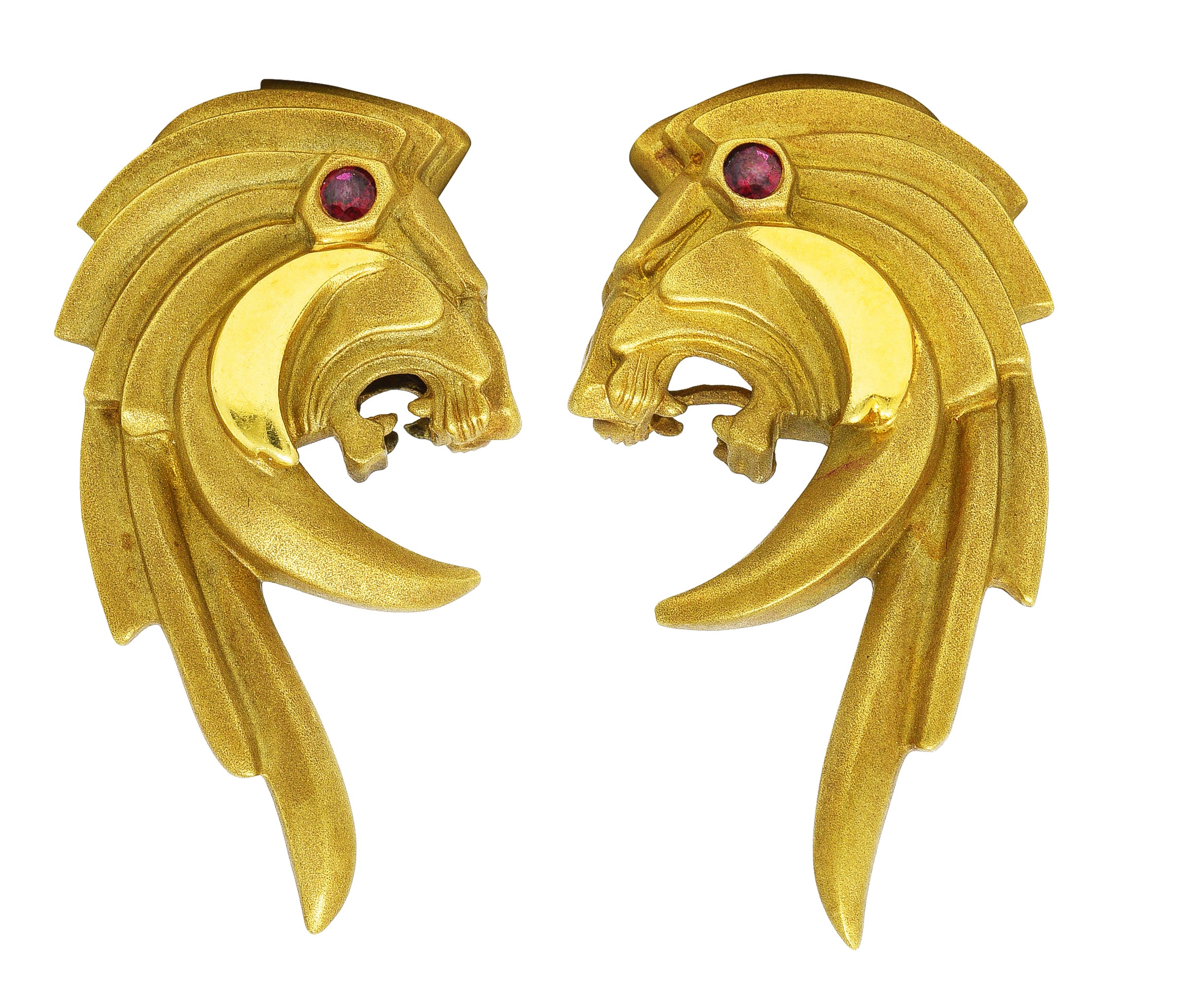 Cameron Designs Modernist Ruby 18 Karat Yellow Gold Geometric Lion Earrings Wilson's Estate Jewelry