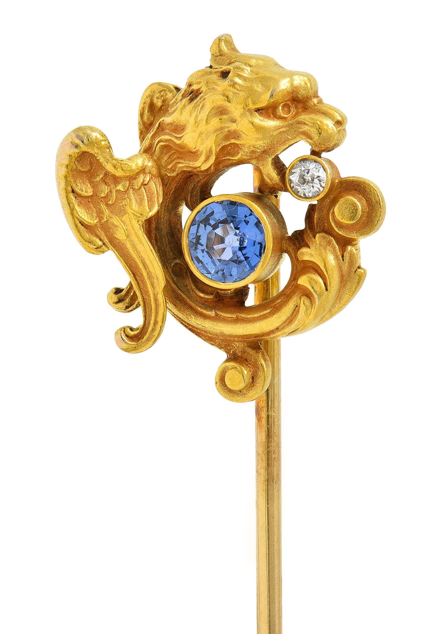 Blank & Co. Art Nouveau Sapphire Diamond 14 Karat Yellow Gold Griffin Stickpin