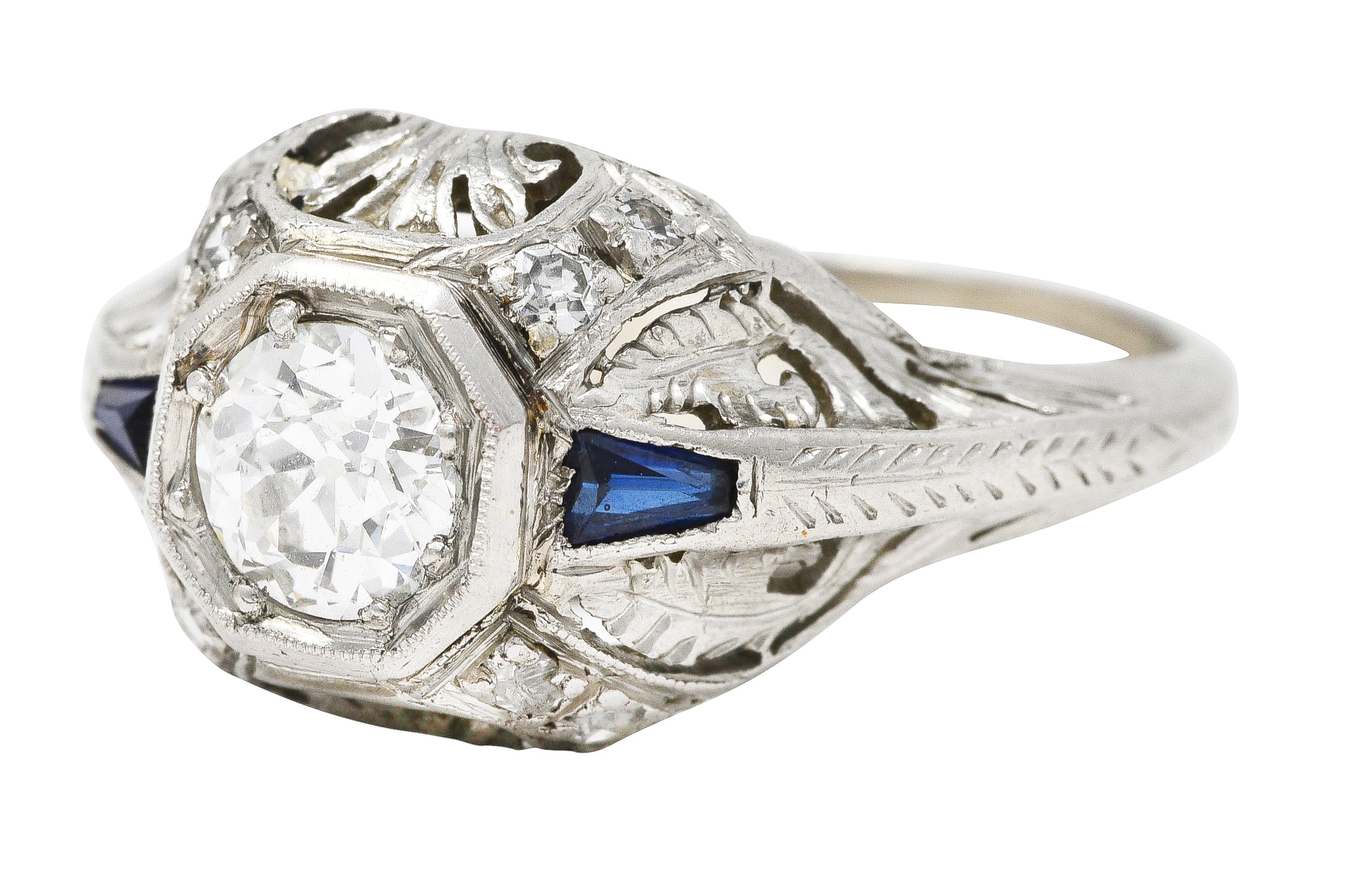 Art Deco 0.70 CTW Diamond Sapphire Platinum Foliate Engagement Ring Wilson's Estate Jewelry