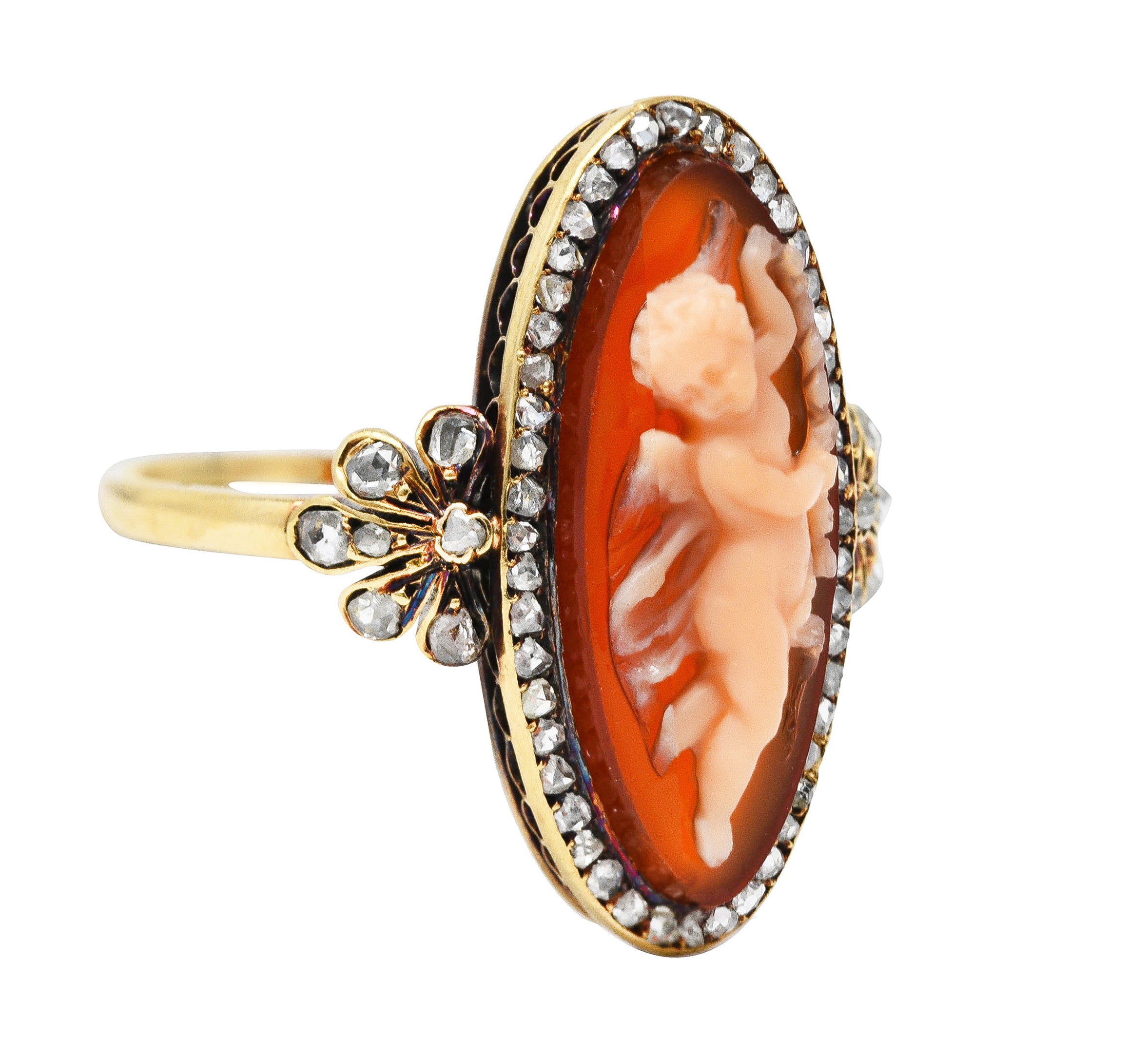 Victorian Diamond Carnelian 14 Karat Yellow Gold Cupid Cameo Antique Ring Wilson's Estate Jewelry