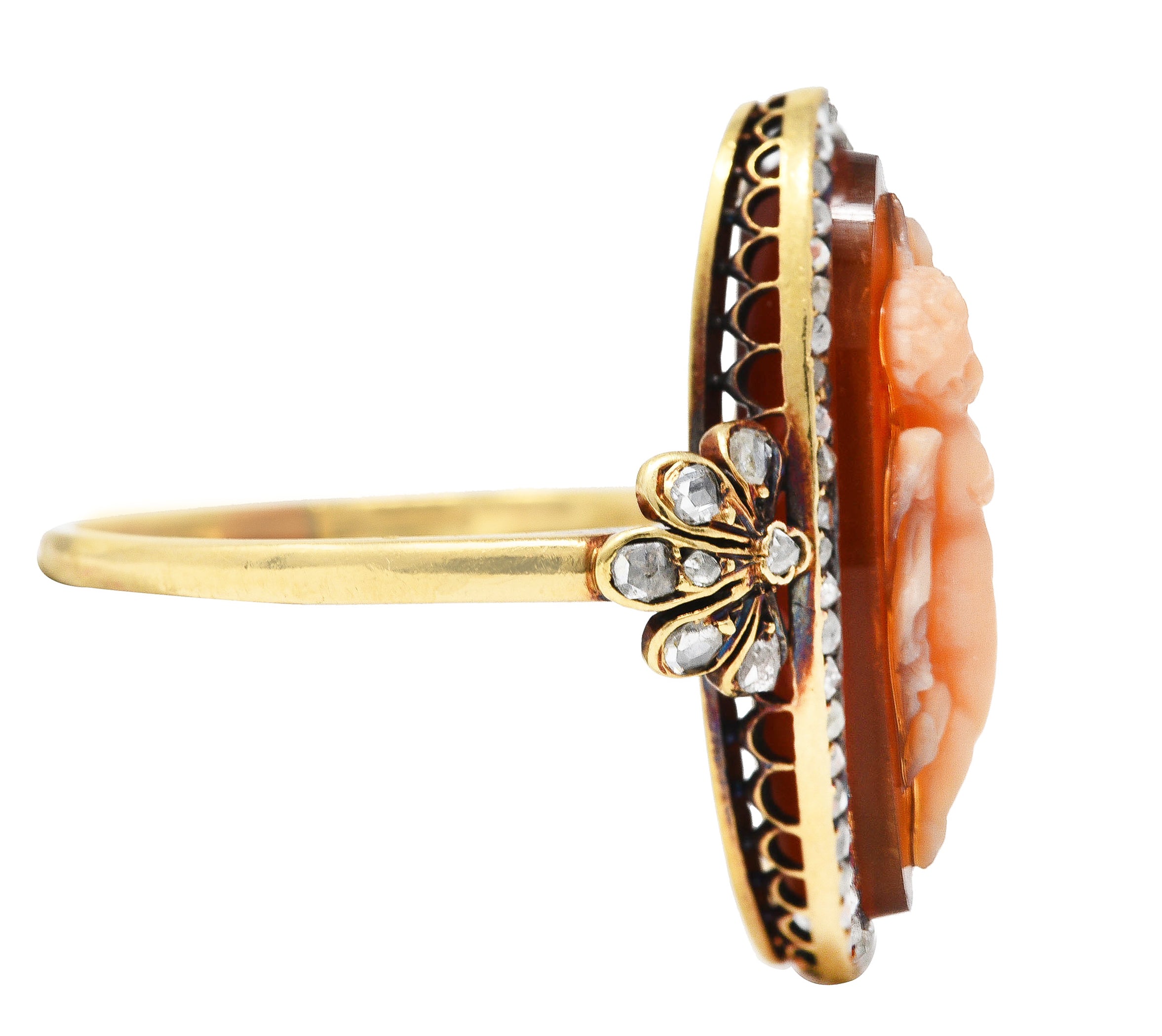 Victorian Diamond Carnelian 14 Karat Yellow Gold Cupid Cameo Antique Ring Wilson's Estate Jewelry