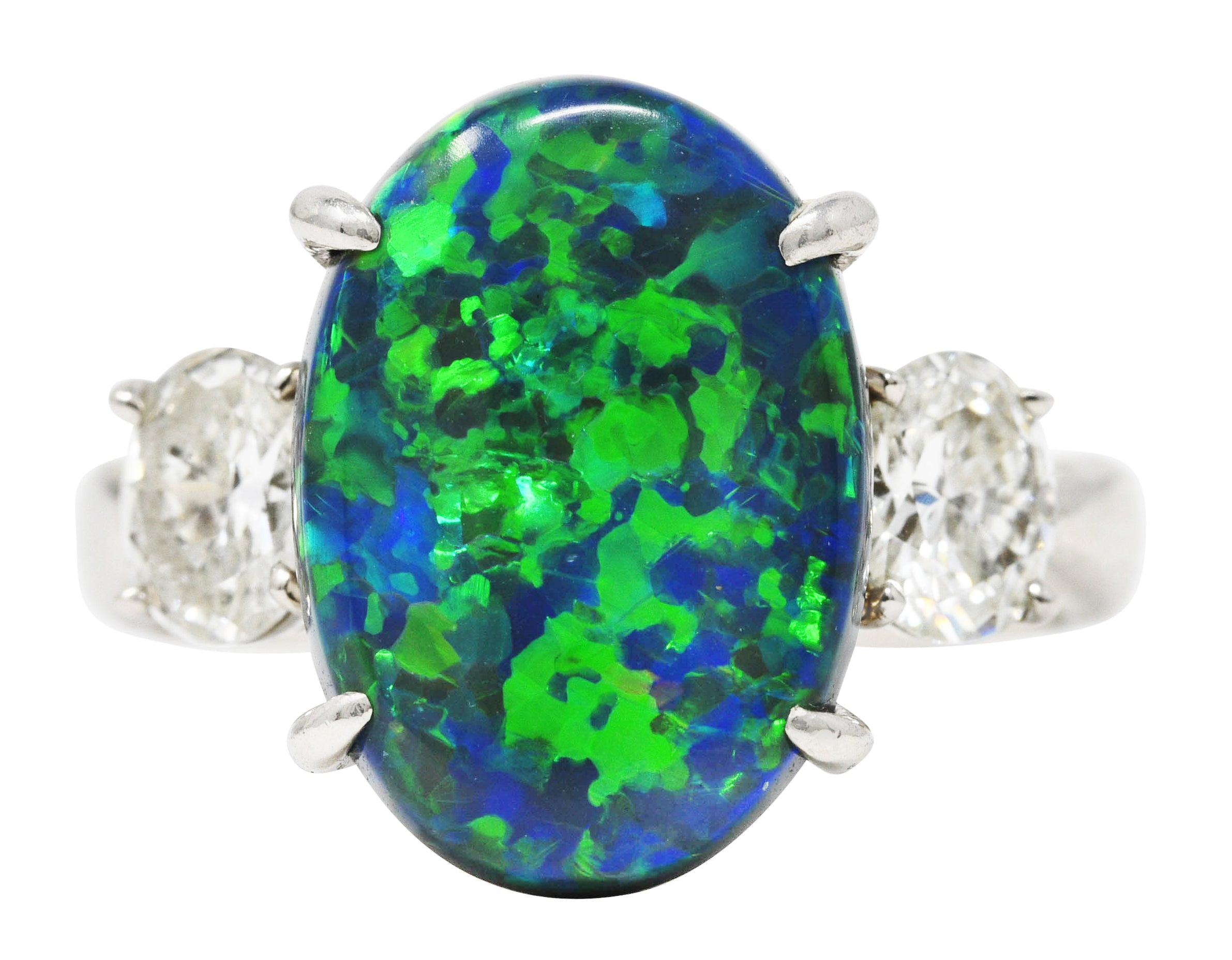 Black Opal Oval Cut Diamond Platinum Three Stone Gemstone Ring Wilson's Estate Jewelry