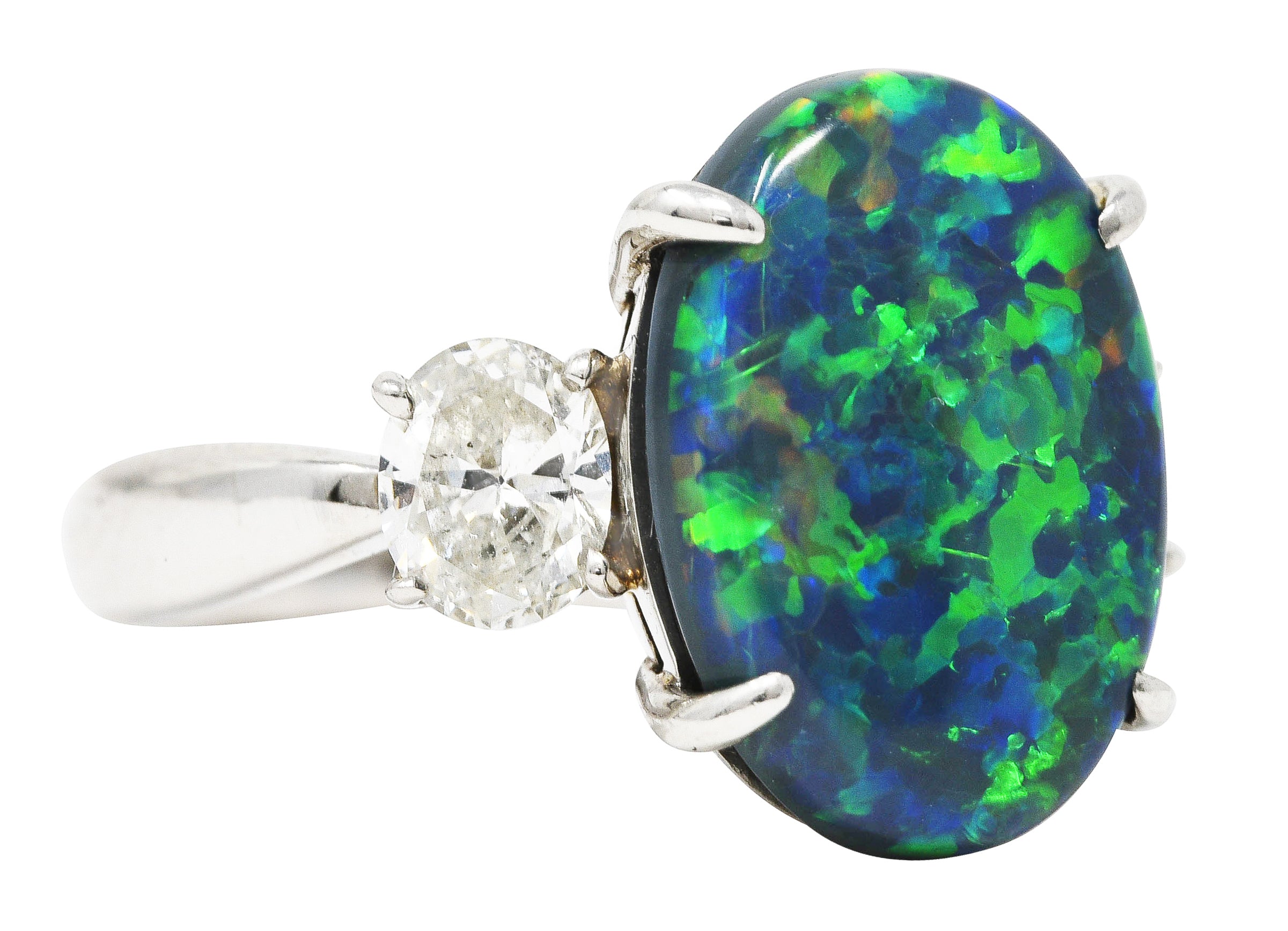 Black Opal Oval Cut Diamond Platinum Three Stone Gemstone Ring Wilson's Estate Jewelry