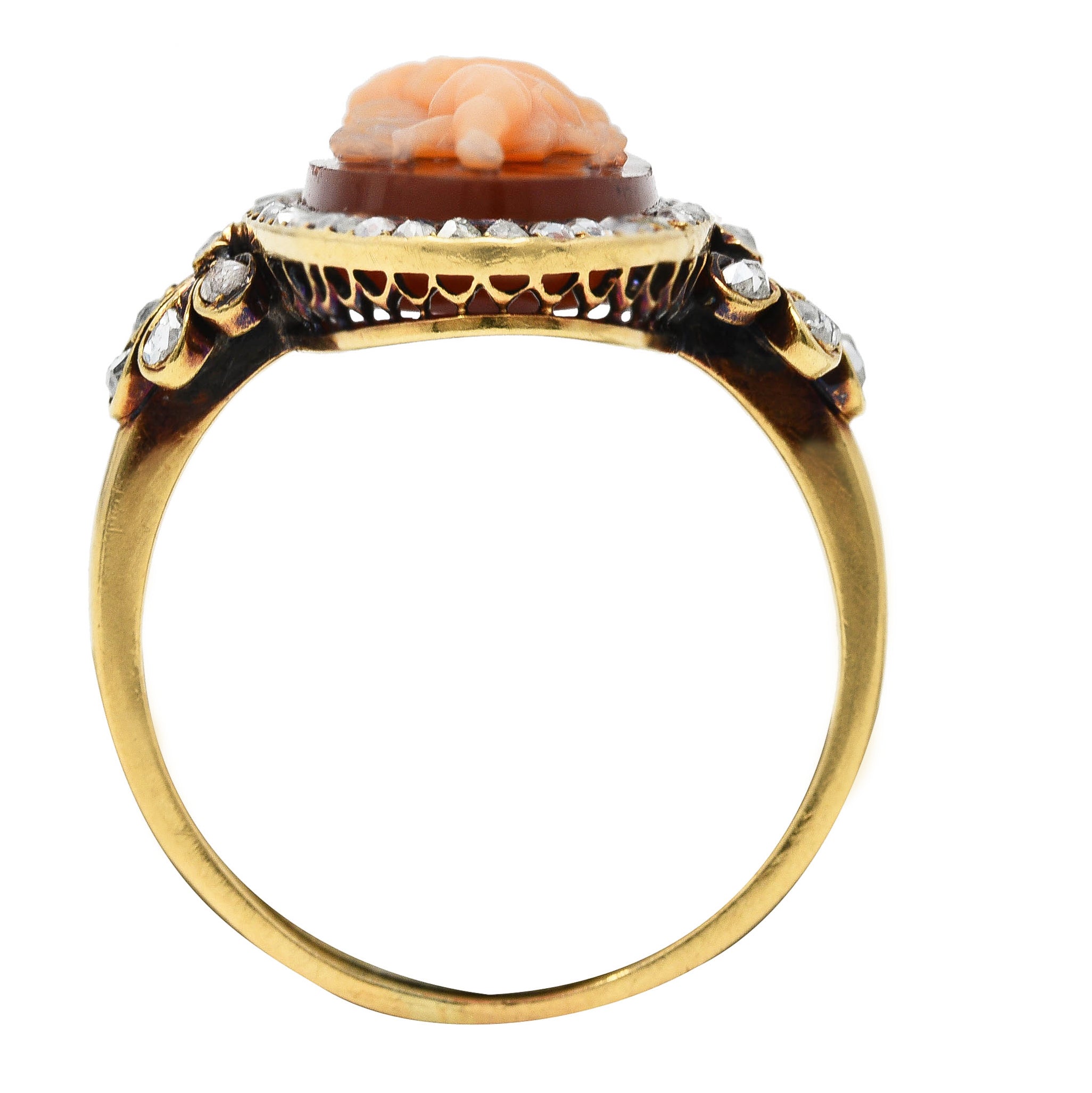 Victorian Diamond Carnelian 14 Karat Yellow Gold Cupid Cameo Antique Ring Wilson's Estate Jewelry