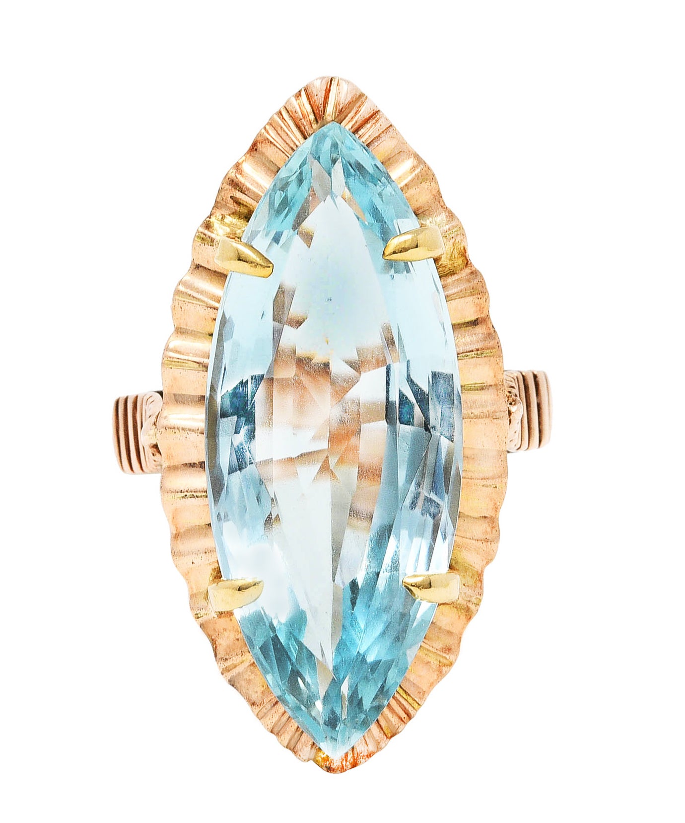 Retro 8.85 CTW Aquamarine 14 Karat Rose Gold Navette RingRing - Wilson's Estate Jewelry