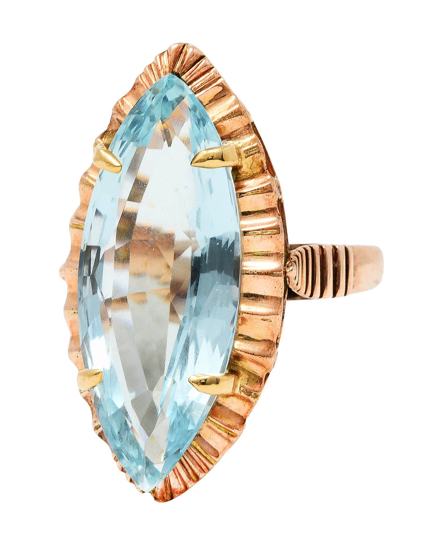 Retro 8.85 CTW Aquamarine 14 Karat Rose Gold Navette RingRing - Wilson's Estate Jewelry