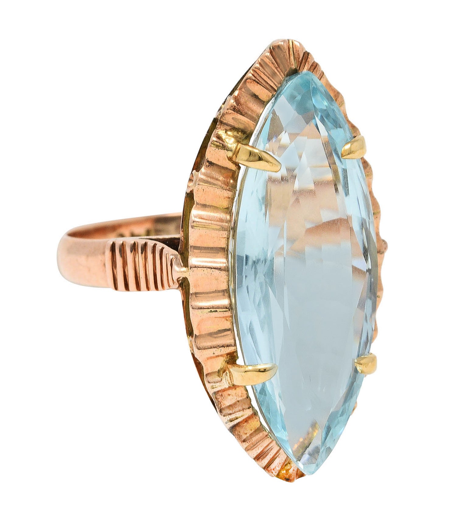 Retro 8.85 CTW Aquamarine 14 Karat Rose Gold Navette RingRing - Wilson's Estate Jewelry