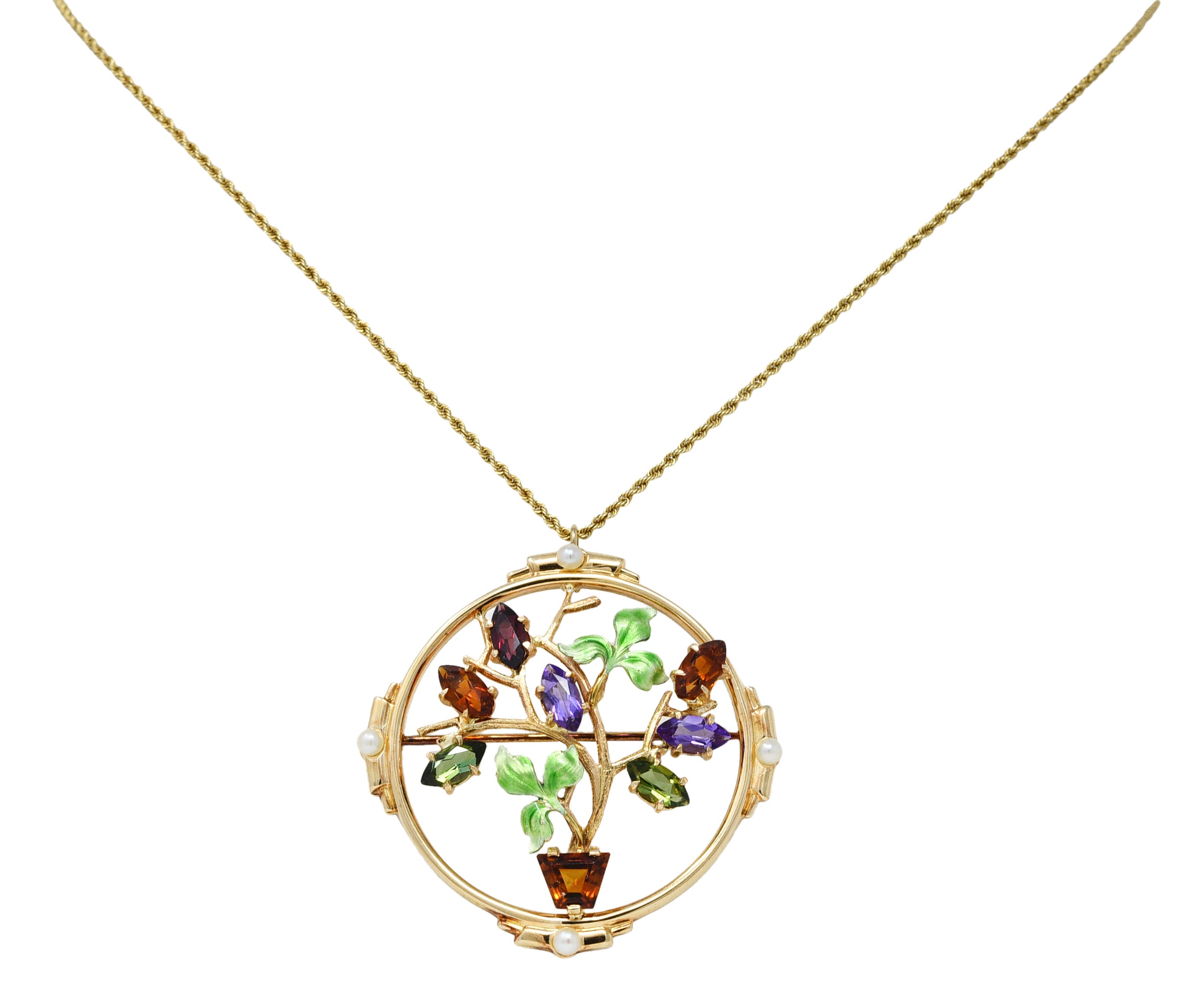 1930's Krementz Enamel Multi-Gem 14 Karat Gold Bouquet Pendant Brooch NecklaceNecklace - Wilson's Estate Jewelry