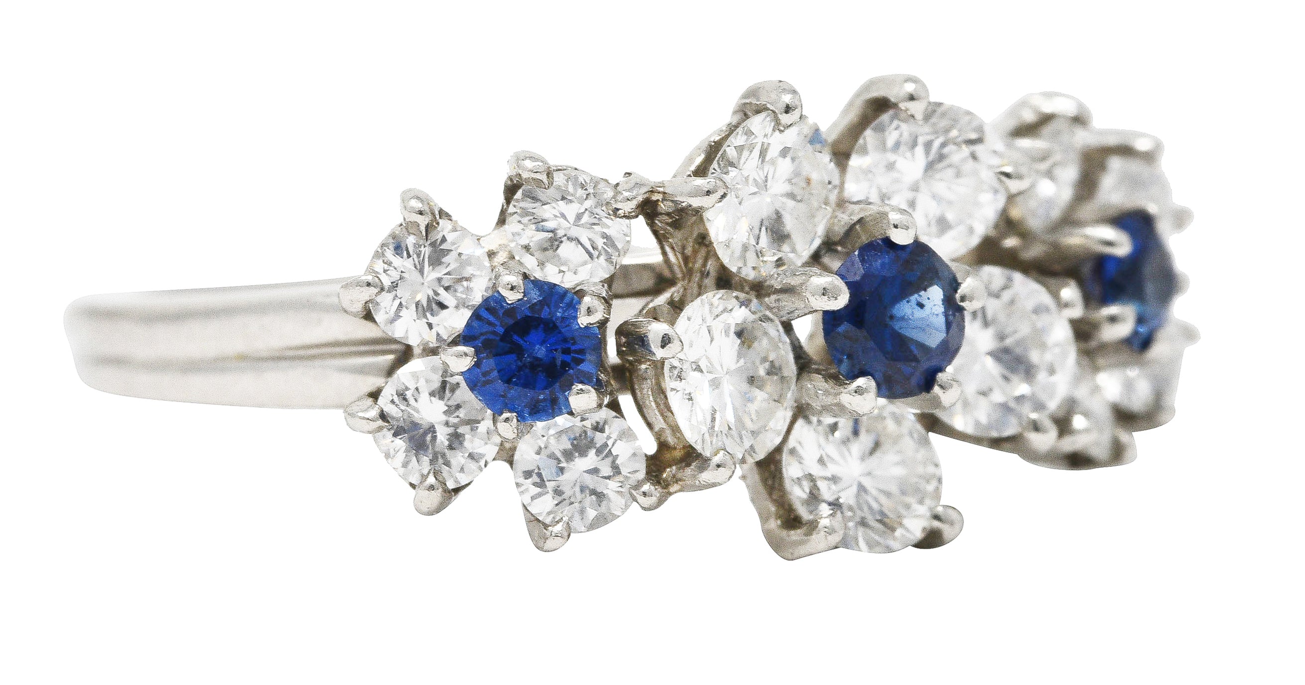 Late Mid-Century 1.30 CTW Sapphire Diamond Platinum Vintage Flower Band Ring Wilson's Estate Jewelry