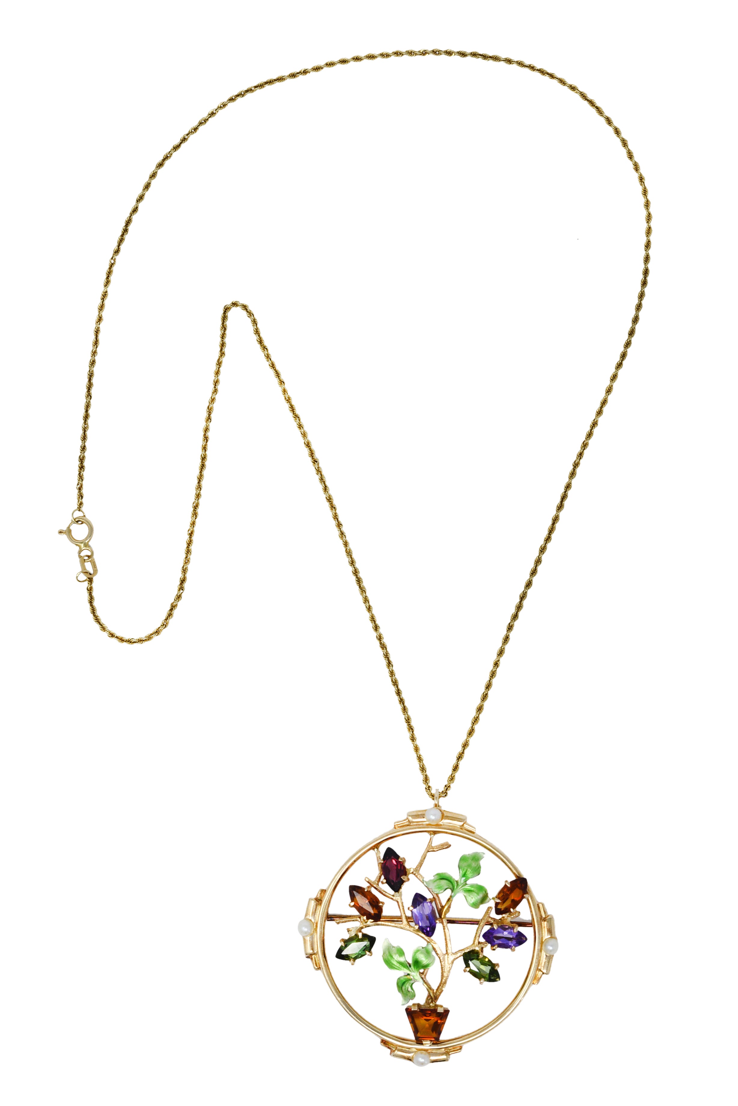 1930's Krementz Enamel Multi-Gem 14 Karat Gold Bouquet Pendant Brooch NecklaceNecklace - Wilson's Estate Jewelry