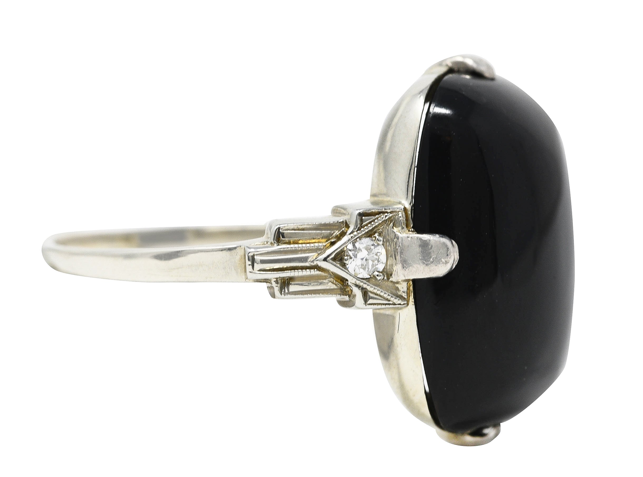 Felger Art Deco Cushion Onyx Diamond 14 Karat White Gold Stepped Shoulder Ring Wilson's Estate Jewelry