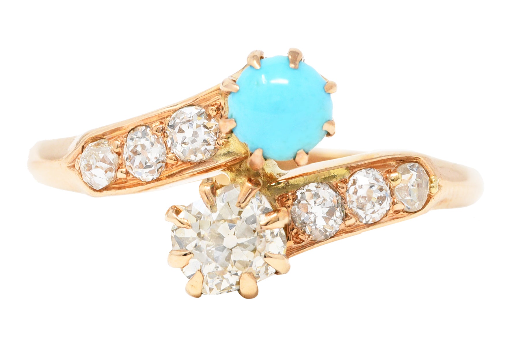 .11111 Victorian 0.46 CTW Old Mine & Old European Cut Diamond Turquoise 14 Karat Yellow Gold Toi Et Moi Antique Bypass Ring Wilson's Estate Jewelry