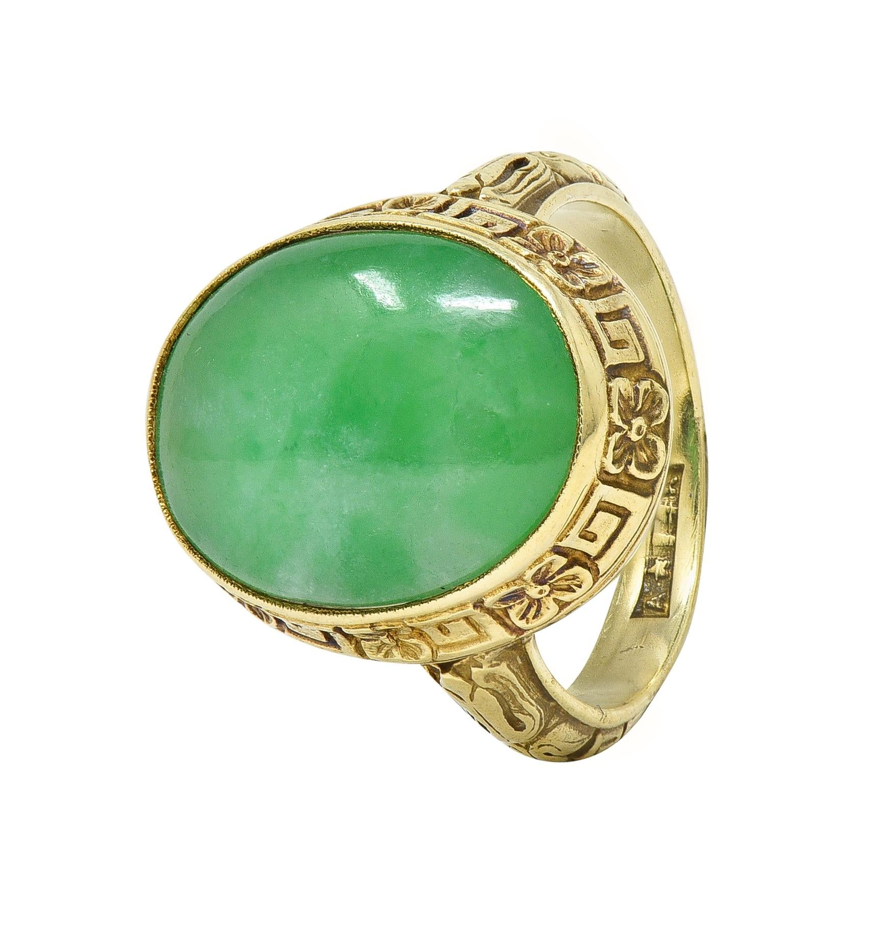 Allsopp Bros. Art Deco Natural Jade 14 Karat Yellow Gold Orange Blossom Ring GIA