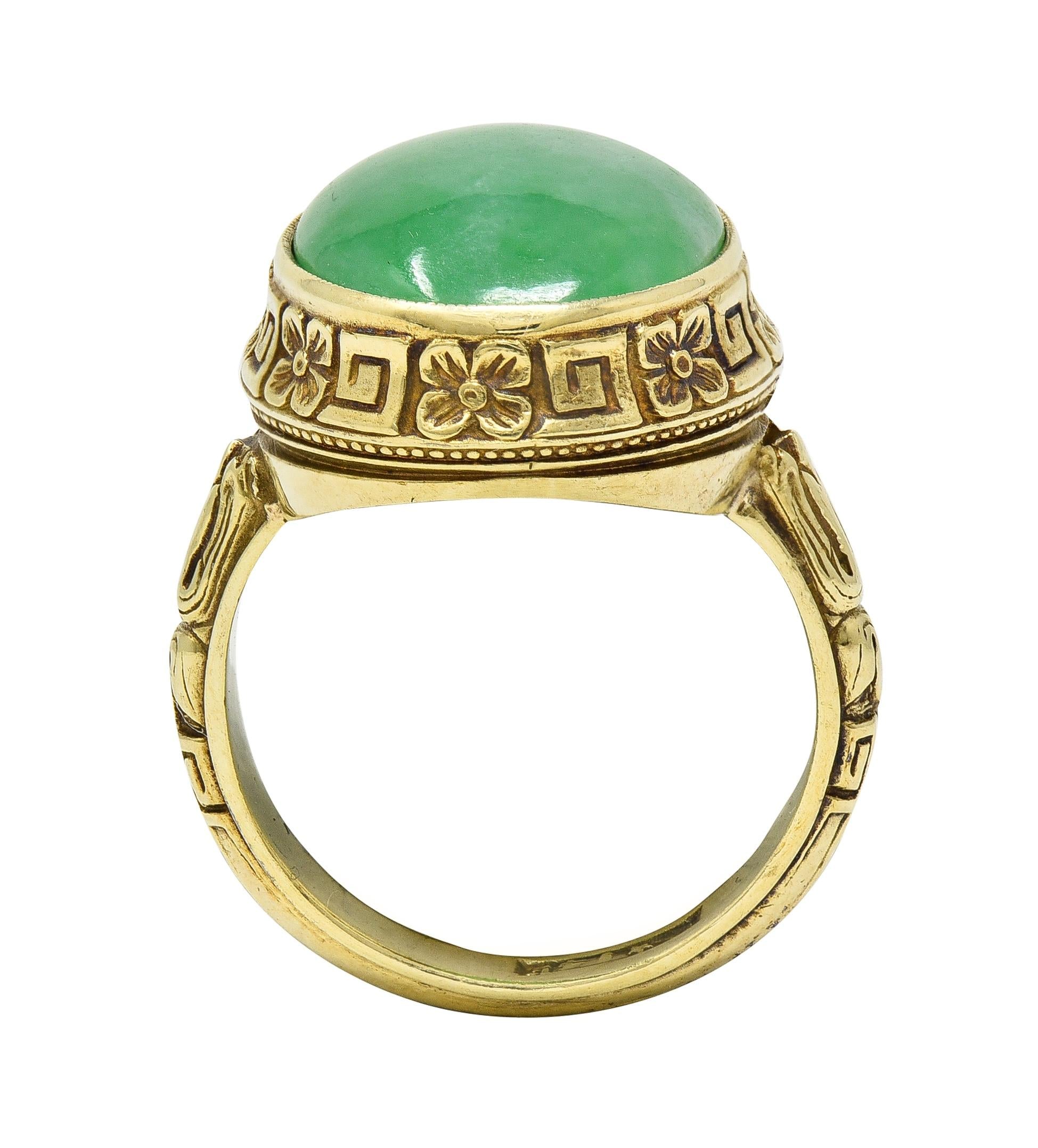 Allsopp Bros. Art Deco Natural Jade 14 Karat Yellow Gold Orange Blossom Ring GIA