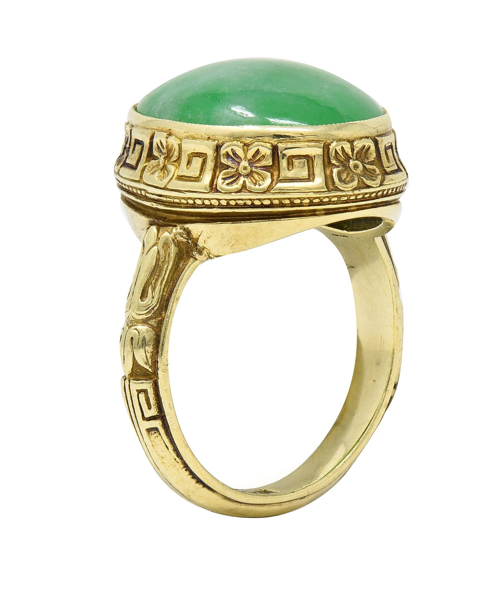 Allsopp Bros. Art Deco Natural Jade 14 Karat Yellow Gold Orange Blossom Ring GIA