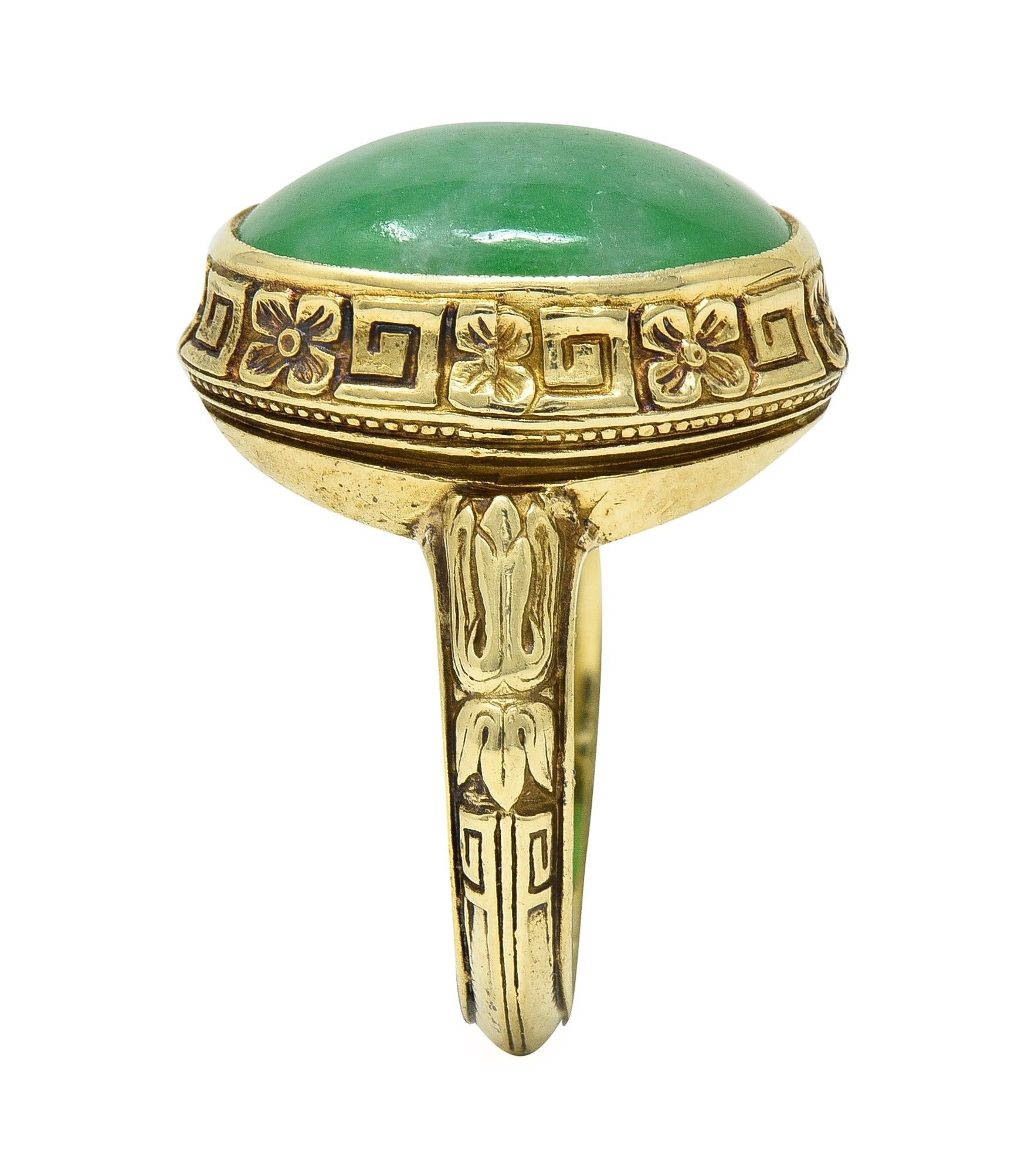 Allsopp Bros. Art Deco Natural Jade 14 Karat Yellow Gold Orange Blossom Ring GIA