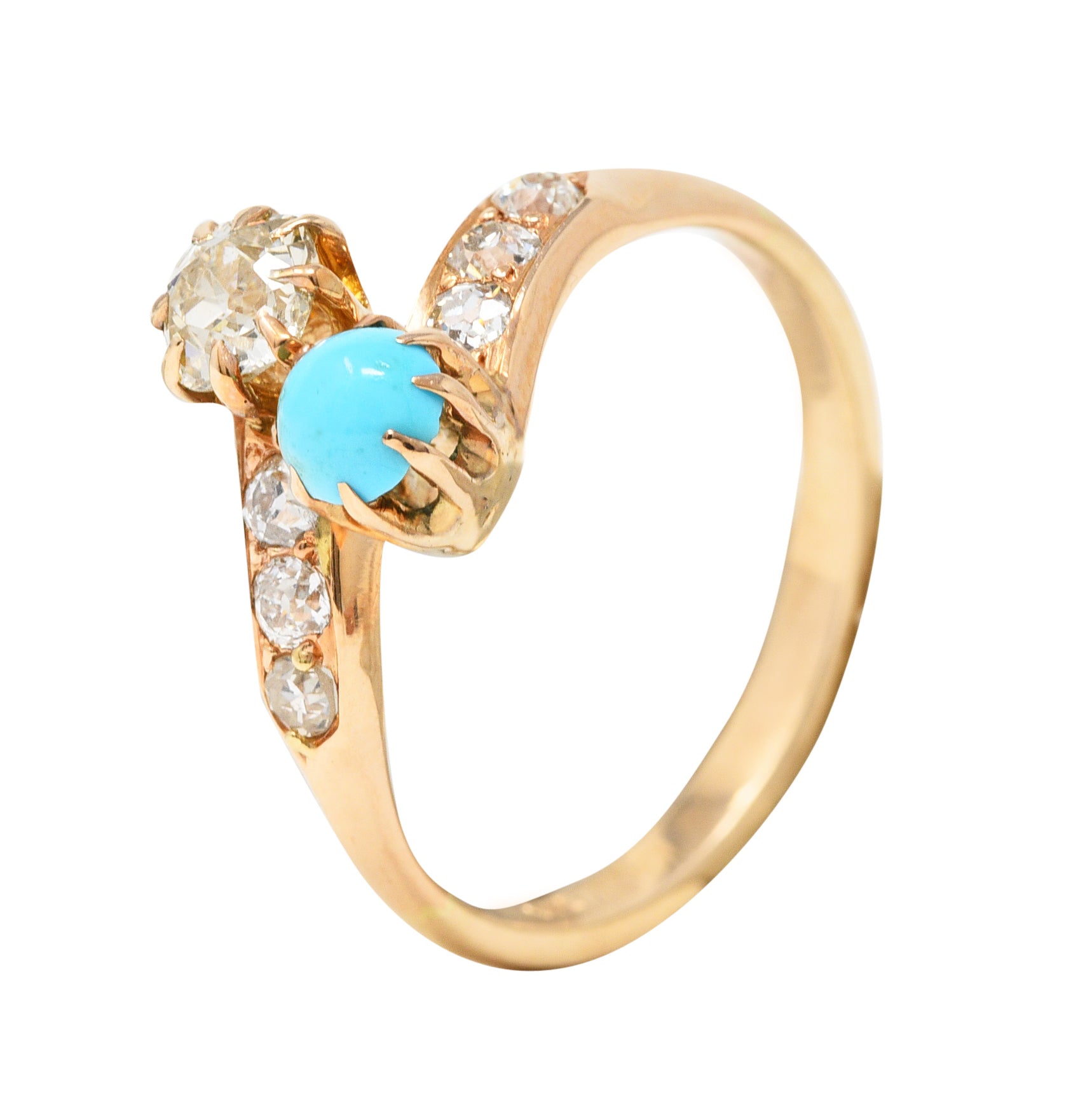 .11111 Victorian 0.46 CTW Old Mine & Old European Cut Diamond Turquoise 14 Karat Yellow Gold Toi Et Moi Antique Bypass Ring Wilson's Estate Jewelry