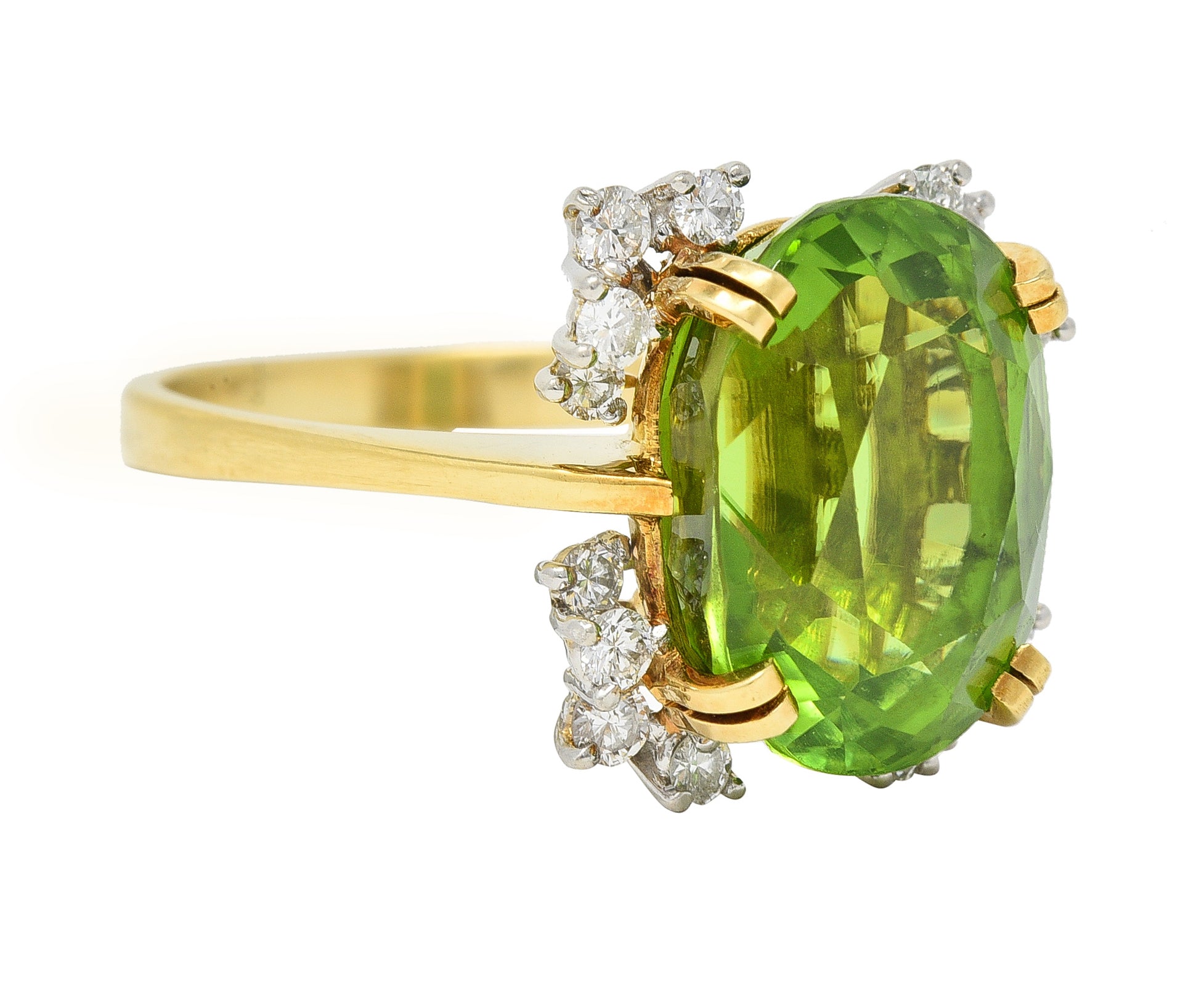 Mid-Century 9.37 CTW Peridot Diamond Platinum 18 Karat Gold Vintage Cluster Ring