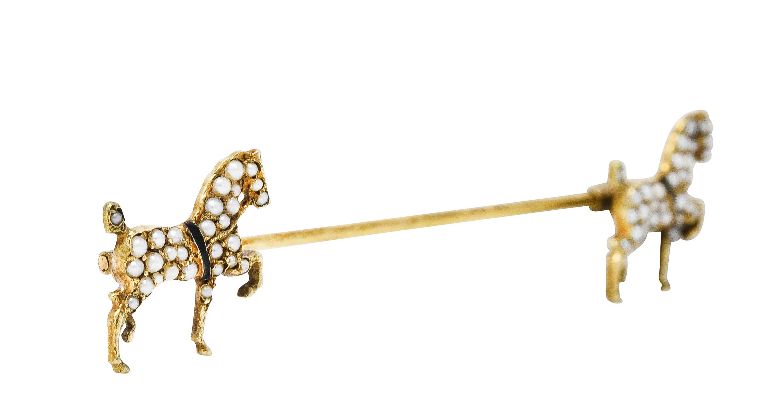 1890's Victorian Seed Pearl Enamel 18 Karat Gold Horse Jabot BroochStick Pin - Wilson's Estate Jewelry