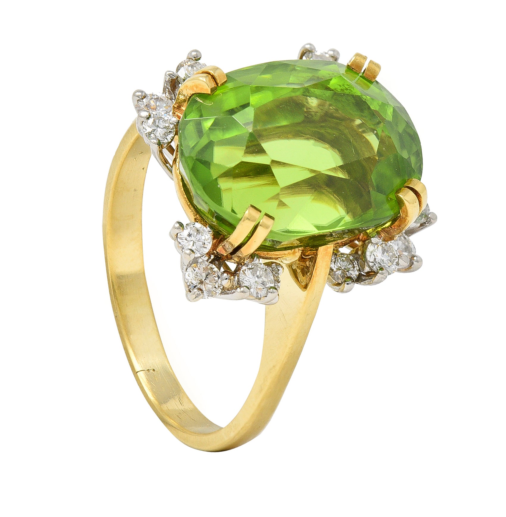 Mid-Century 9.37 CTW Peridot Diamond Platinum 18 Karat Gold Vintage Cluster Ring