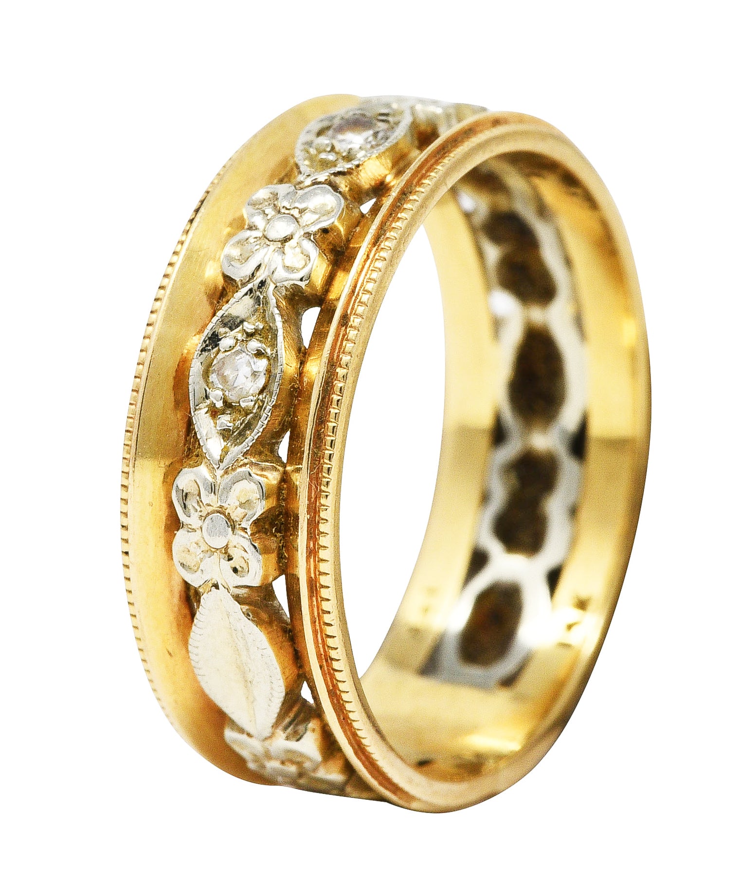 Art Deco Diamond 14 Karat Two-Tone Gold Floral Band Ring Wilson's Estate Jewelry