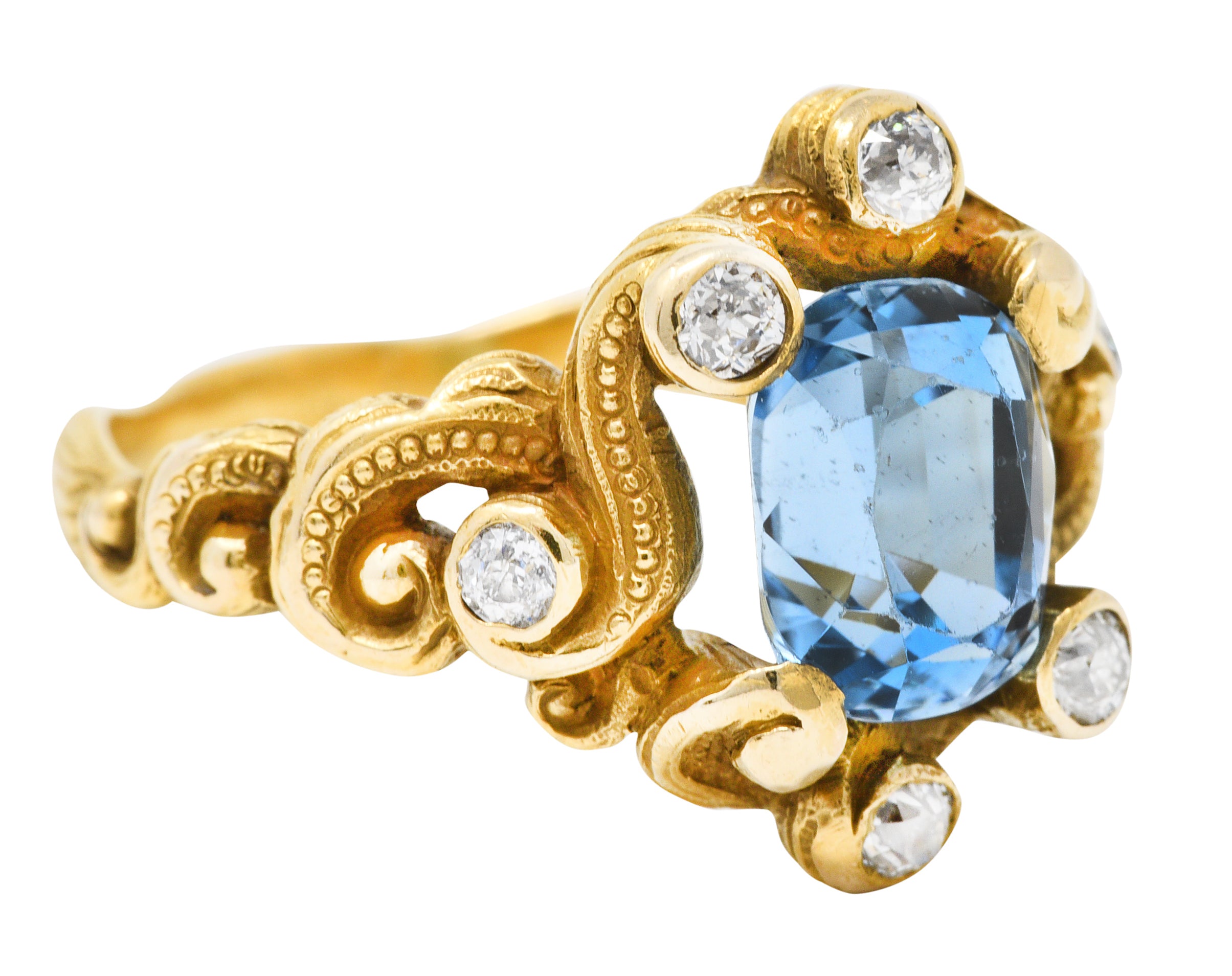 Art Nouveau 2.00 CTW Aquamarine Diamond 14 Karat Gold Whiplash RingRing - Wilson's Estate Jewelry