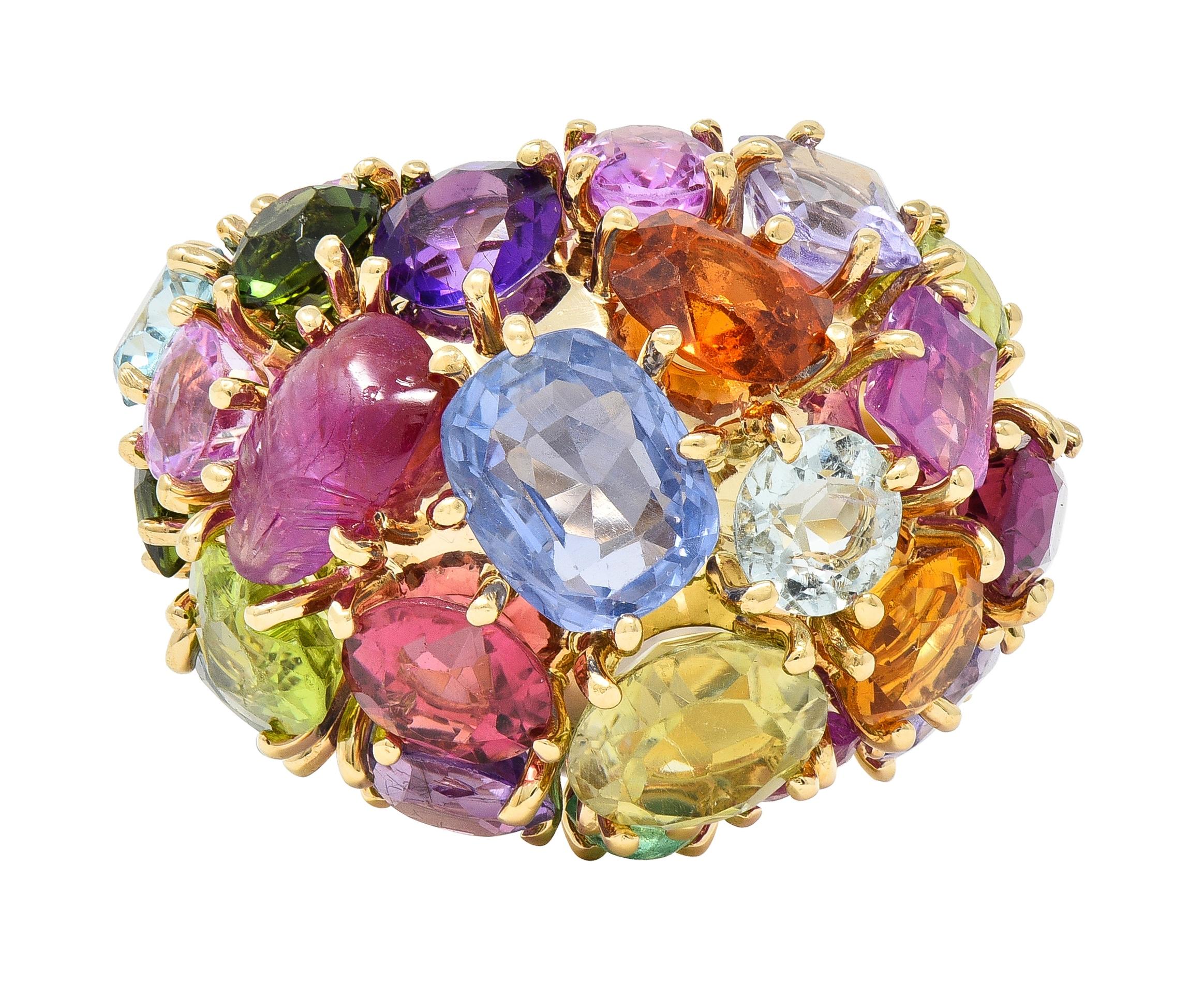 1990's Multi-Gem Sapphire 14 Karat Yellow Gold Vintage Cluster Cocktail Ring