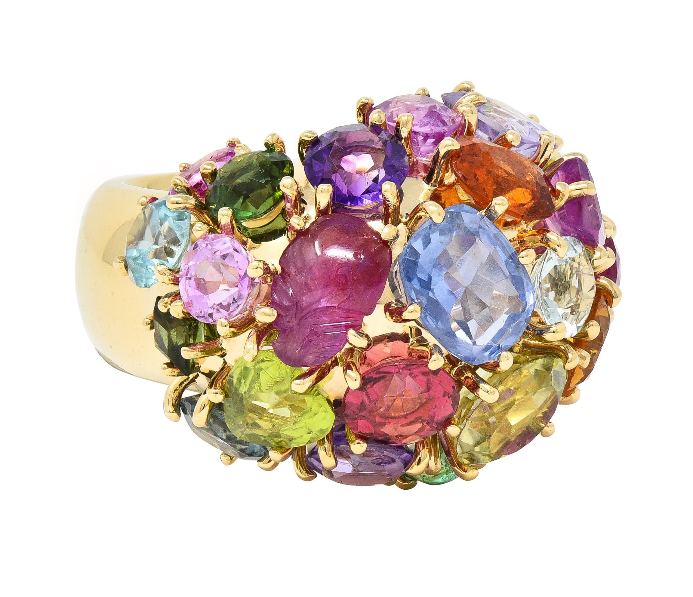 1990's Multi-Gem Sapphire 14 Karat Yellow Gold Vintage Cluster Cocktail Ring