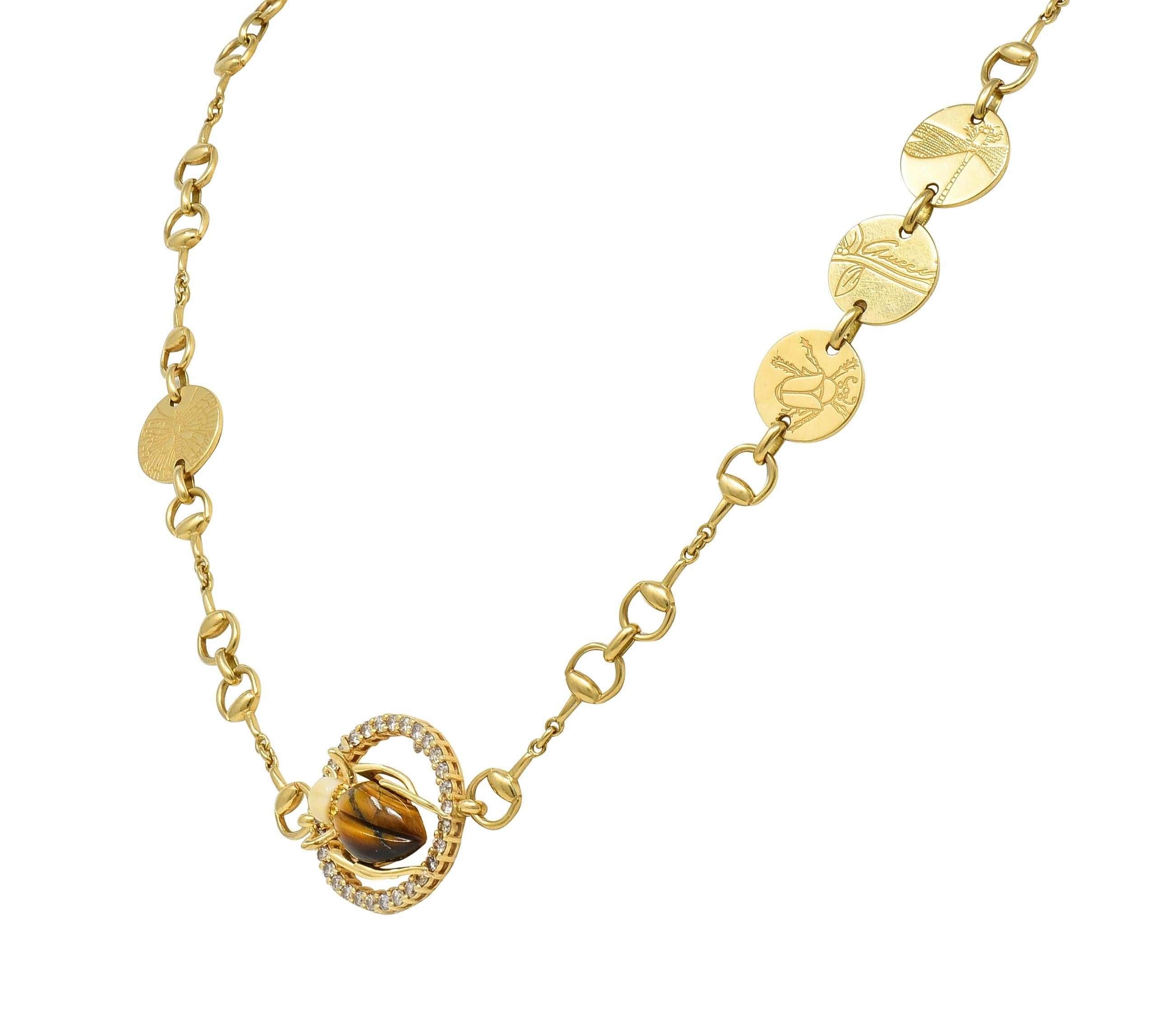 Gucci 2010 Diamond Tiger's Eye 18 Karat Yellow Gold Beetle Horsebit Necklace