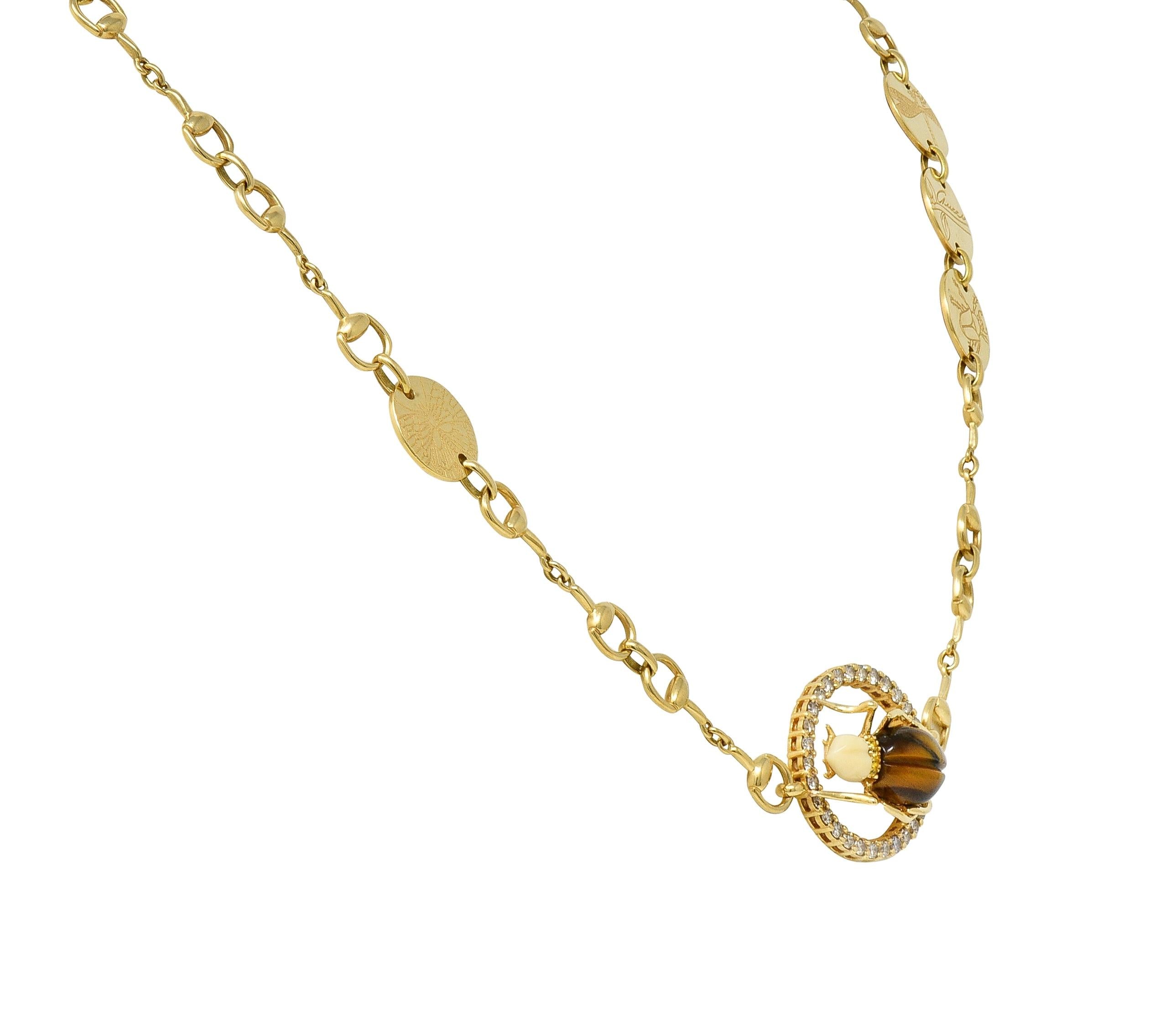 Gucci 2010 Diamond Tiger's Eye 18 Karat Yellow Gold Beetle Horsebit Necklace