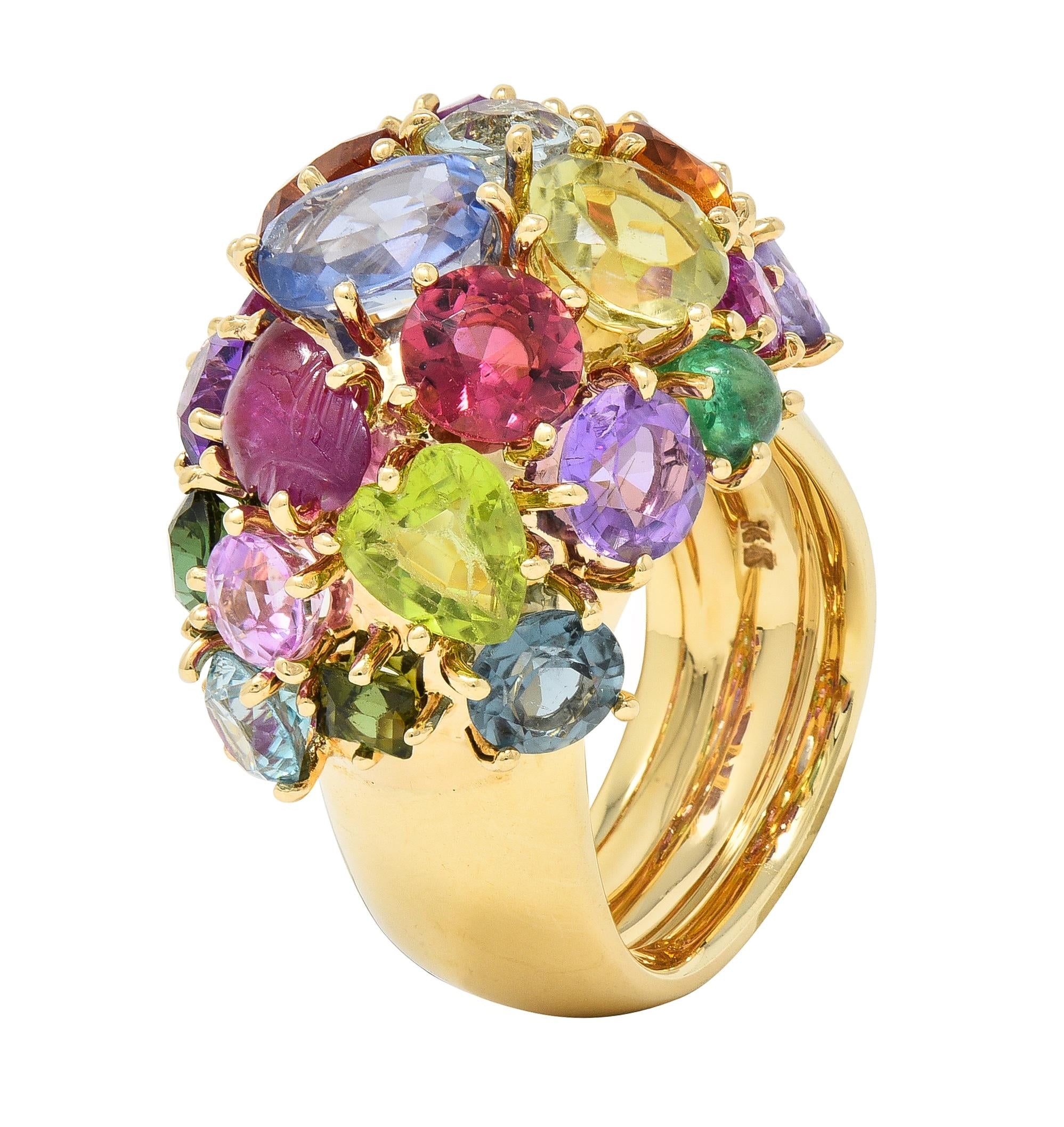 1990's Multi-Gem Sapphire 14 Karat Yellow Gold Vintage Cluster Cocktail Ring