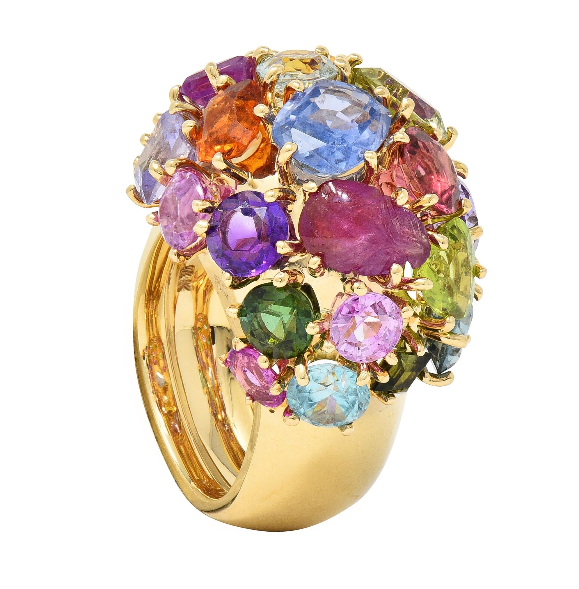 1990's Multi-Gem Sapphire 14 Karat Yellow Gold Vintage Cluster Cocktail Ring