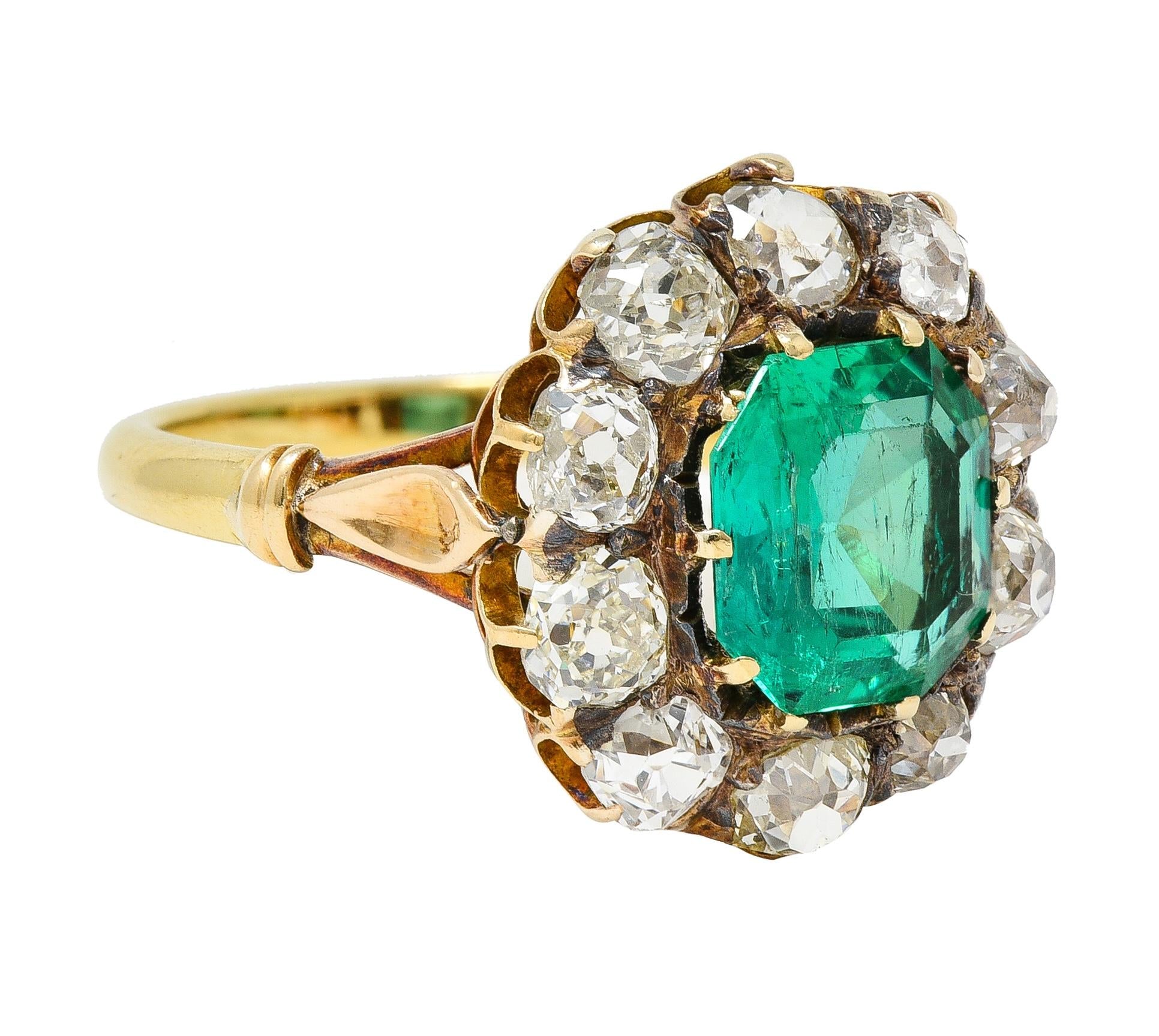 Victorian 4.28 CTW Colombian Emerald Diamond 18 Karat Yellow Gold Halo Ring GIA