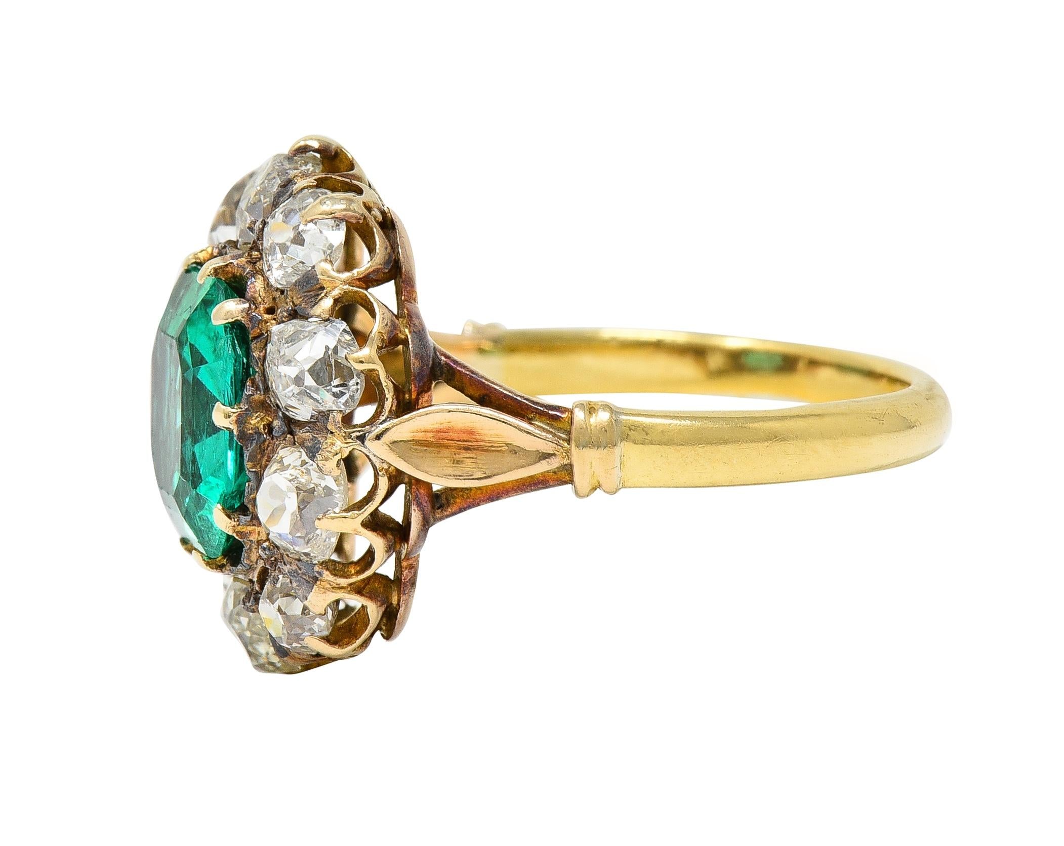 Victorian 4.28 CTW Colombian Emerald Diamond 18 Karat Yellow Gold Halo Ring GIA