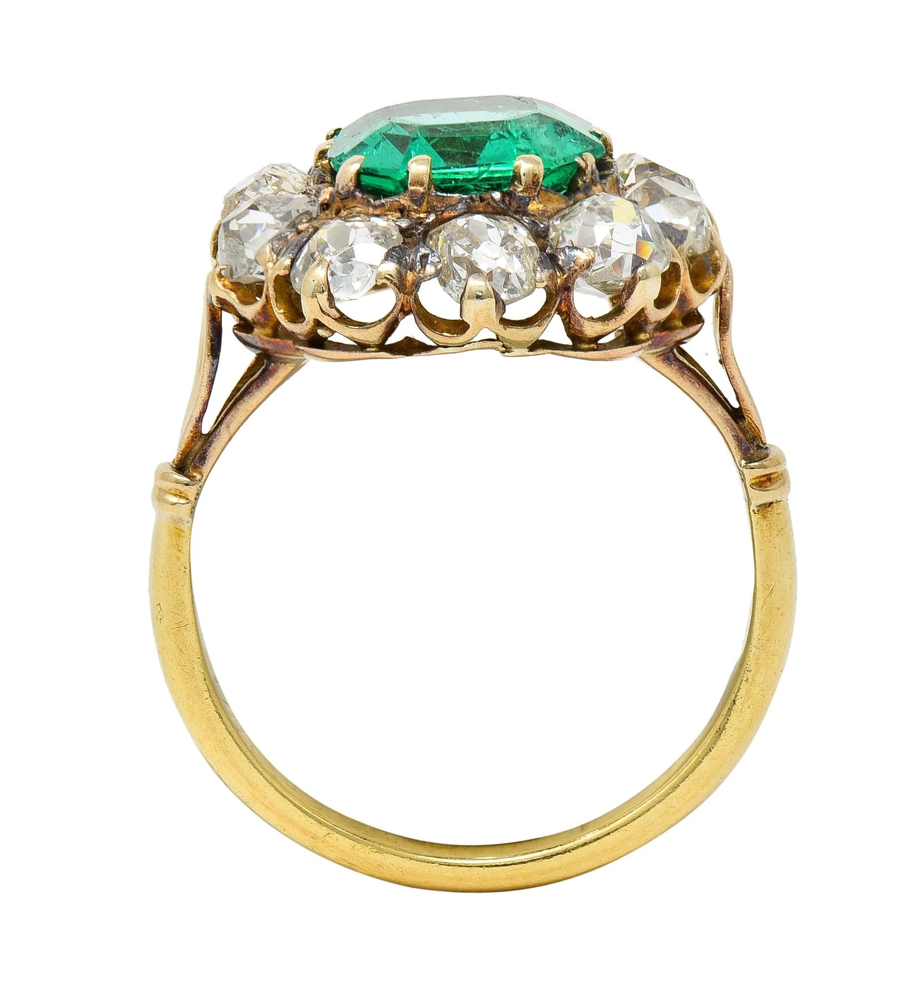 Victorian 4.28 CTW Colombian Emerald Diamond 18 Karat Yellow Gold Halo Ring GIA