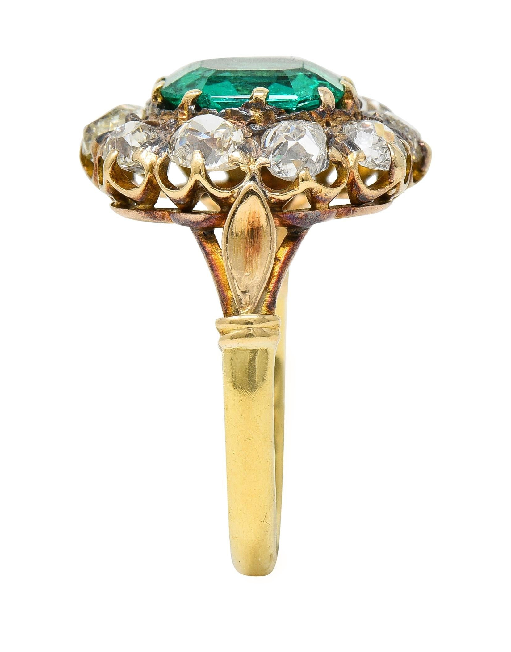 Victorian 4.28 CTW Colombian Emerald Diamond 18 Karat Yellow Gold Halo Ring GIA