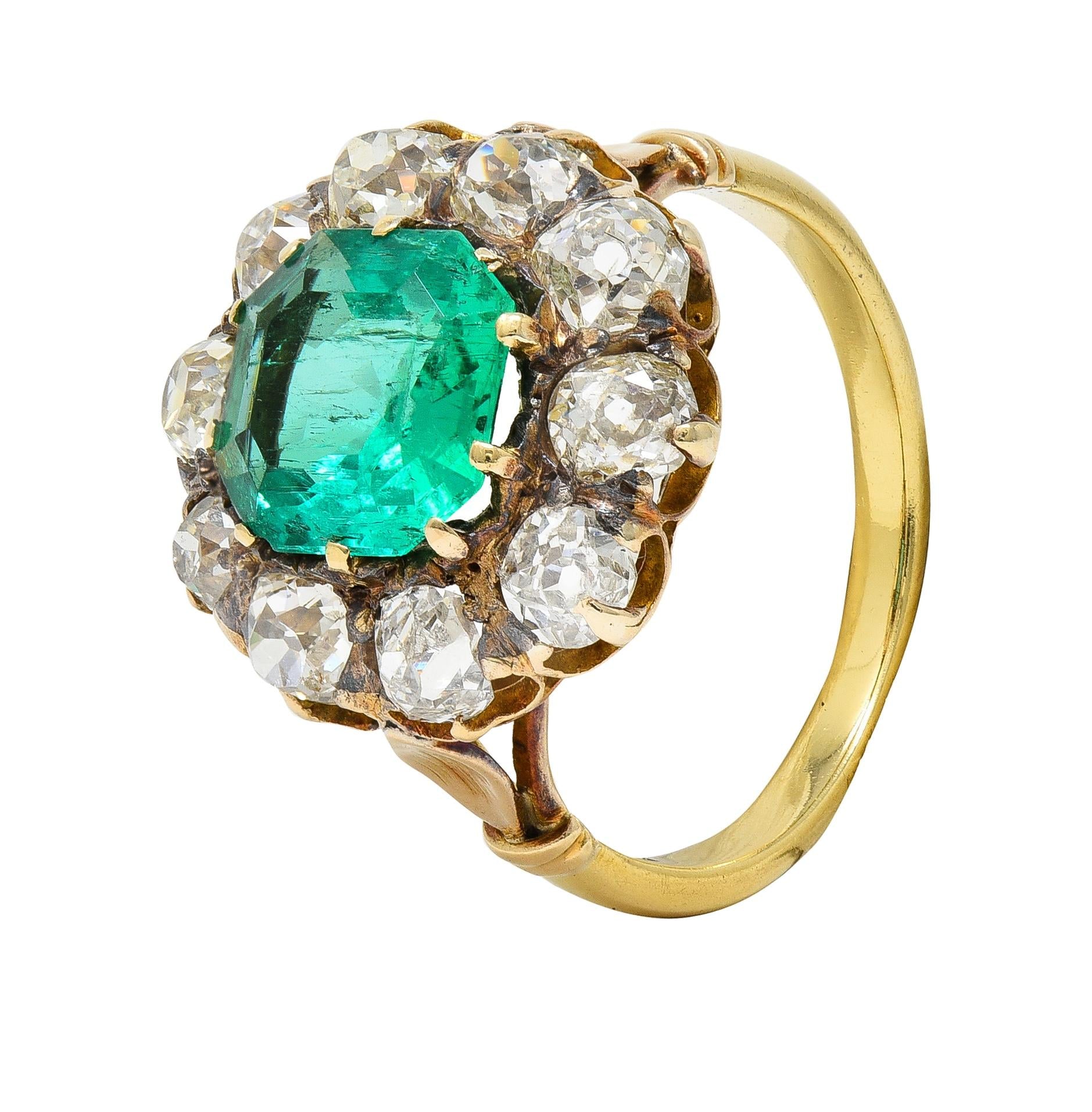 Victorian 4.28 CTW Colombian Emerald Diamond 18 Karat Yellow Gold Halo Ring GIA