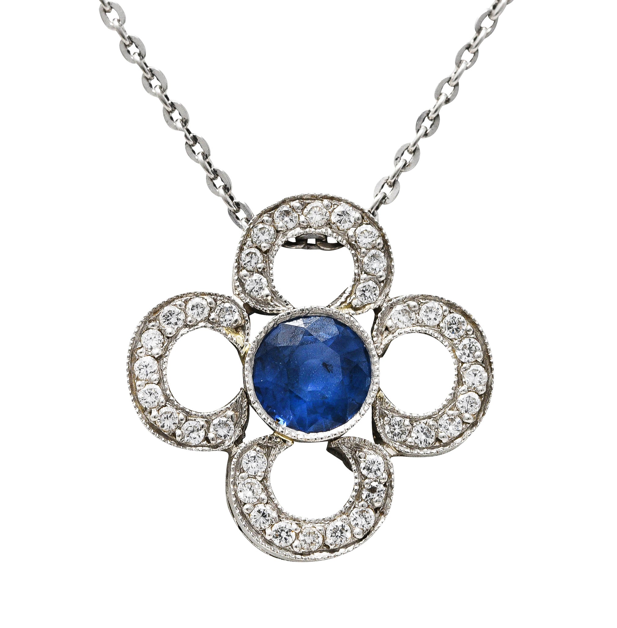 Art Deco 1.10 CTW Diamond Sapphire Platinum Quatrefoil Pendant NecklaceNecklace - Wilson's Estate Jewelry