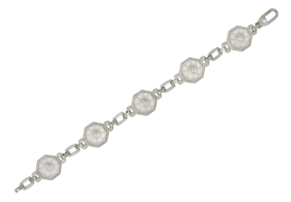Taylor & Co. Art Deco Diamond Camphor Glass 18 Karat White Gold Link Bracelet