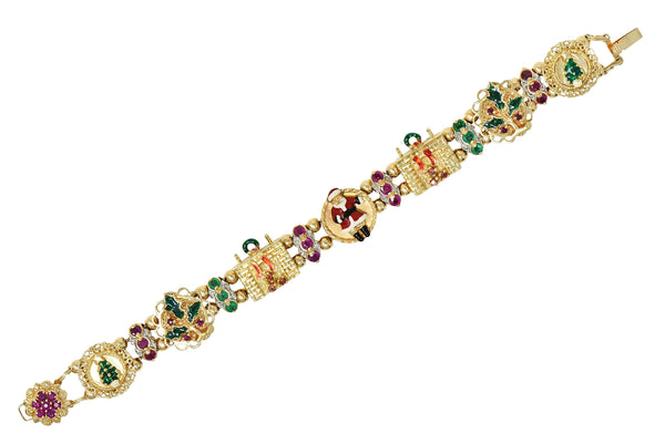 1990s Ruby Emerald Diamond Garnet Enamel 14 Karat Gold Christmas Slide Bracelet