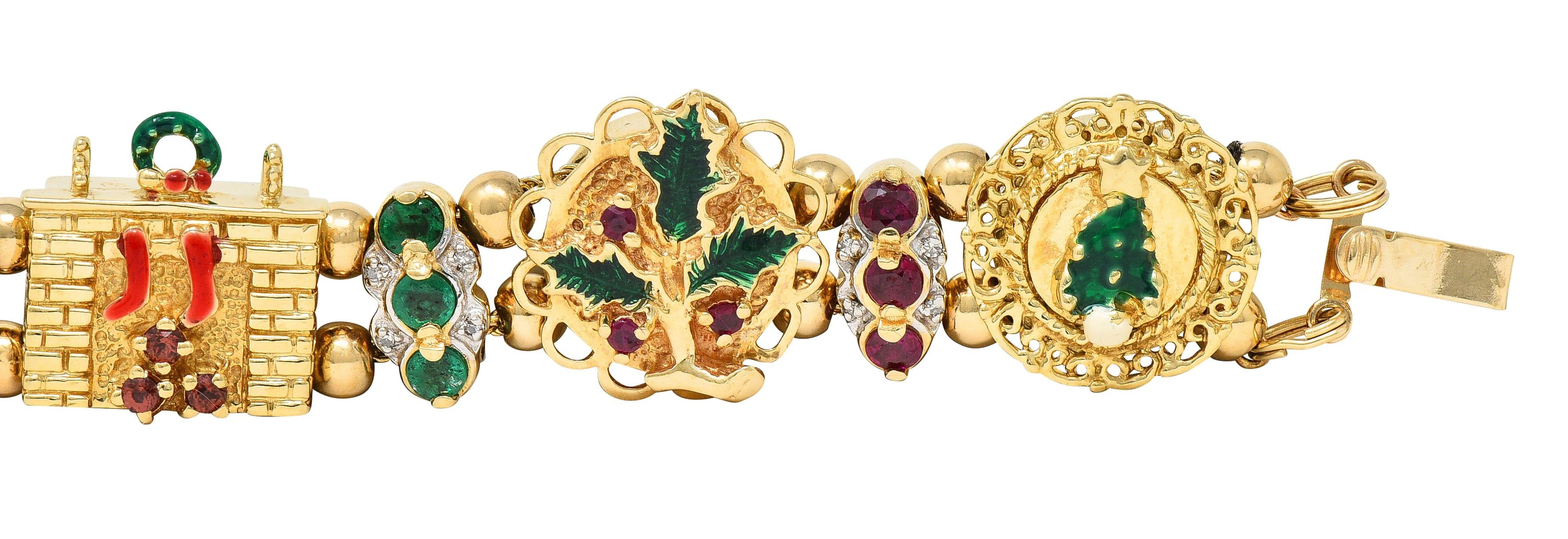 1990s Ruby Emerald Diamond Garnet Enamel 14 Karat Gold Christmas Slide Bracelet