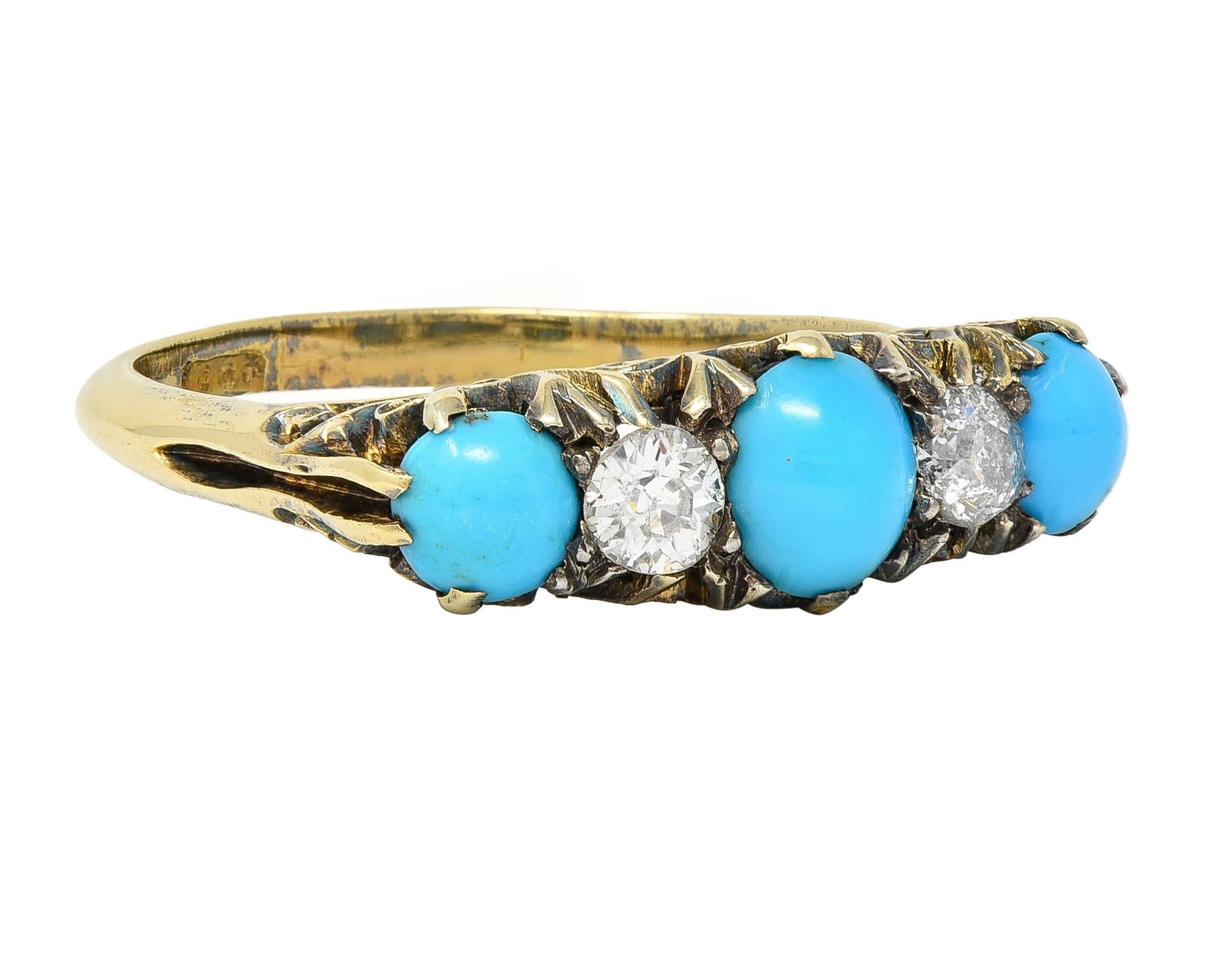 Victorian Turquoise Diamond 18 Karat Yellow Gold Scrolling Antique Band Ring