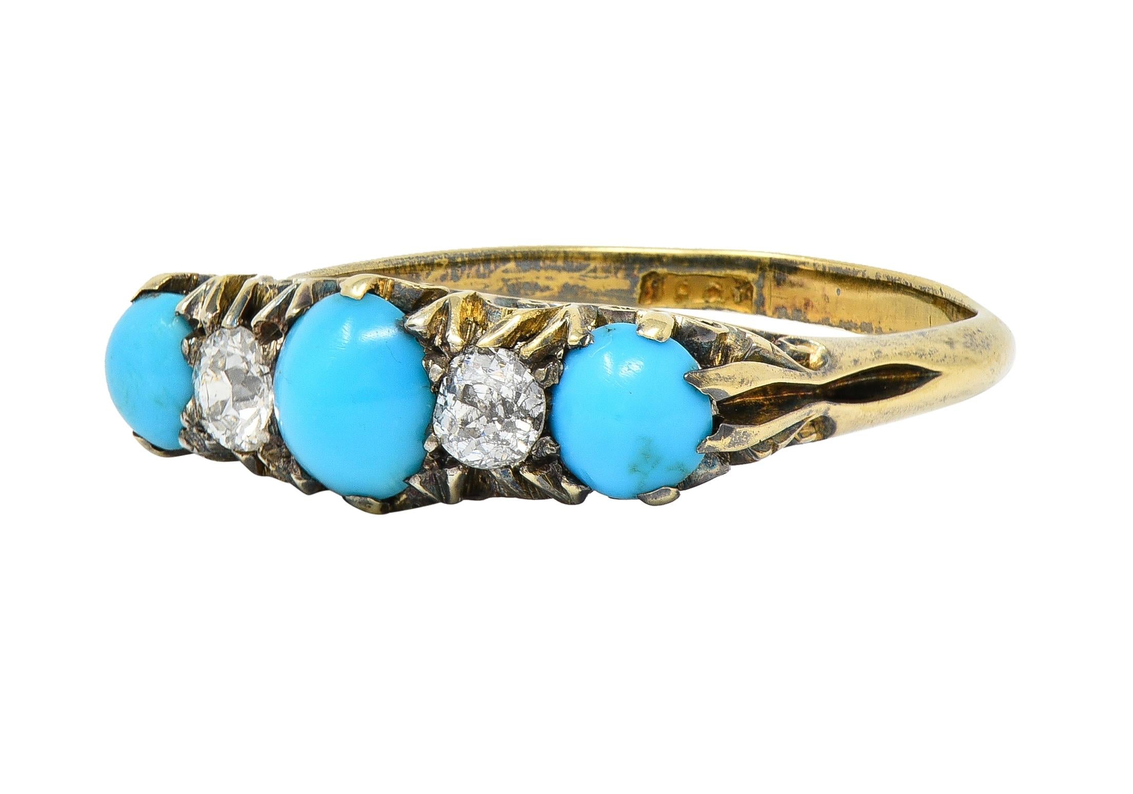 Victorian Turquoise Diamond 18 Karat Yellow Gold Scrolling Antique Band Ring