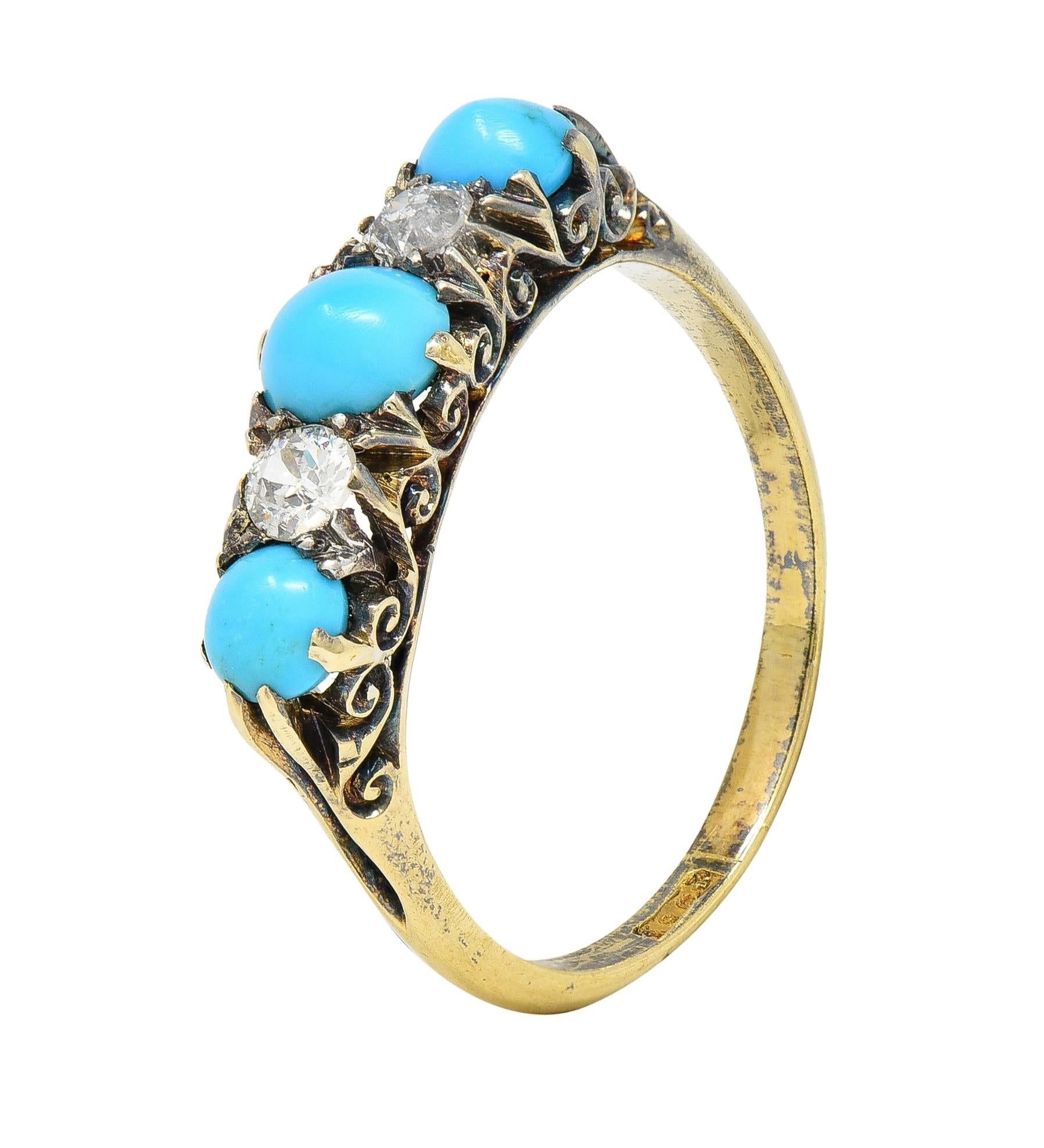 Victorian Turquoise Diamond 18 Karat Yellow Gold Scrolling Antique Band Ring