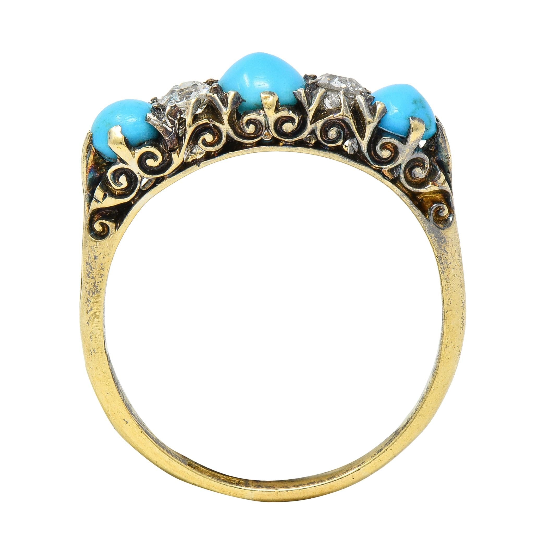 Victorian Turquoise Diamond 18 Karat Yellow Gold Scrolling Antique Band Ring