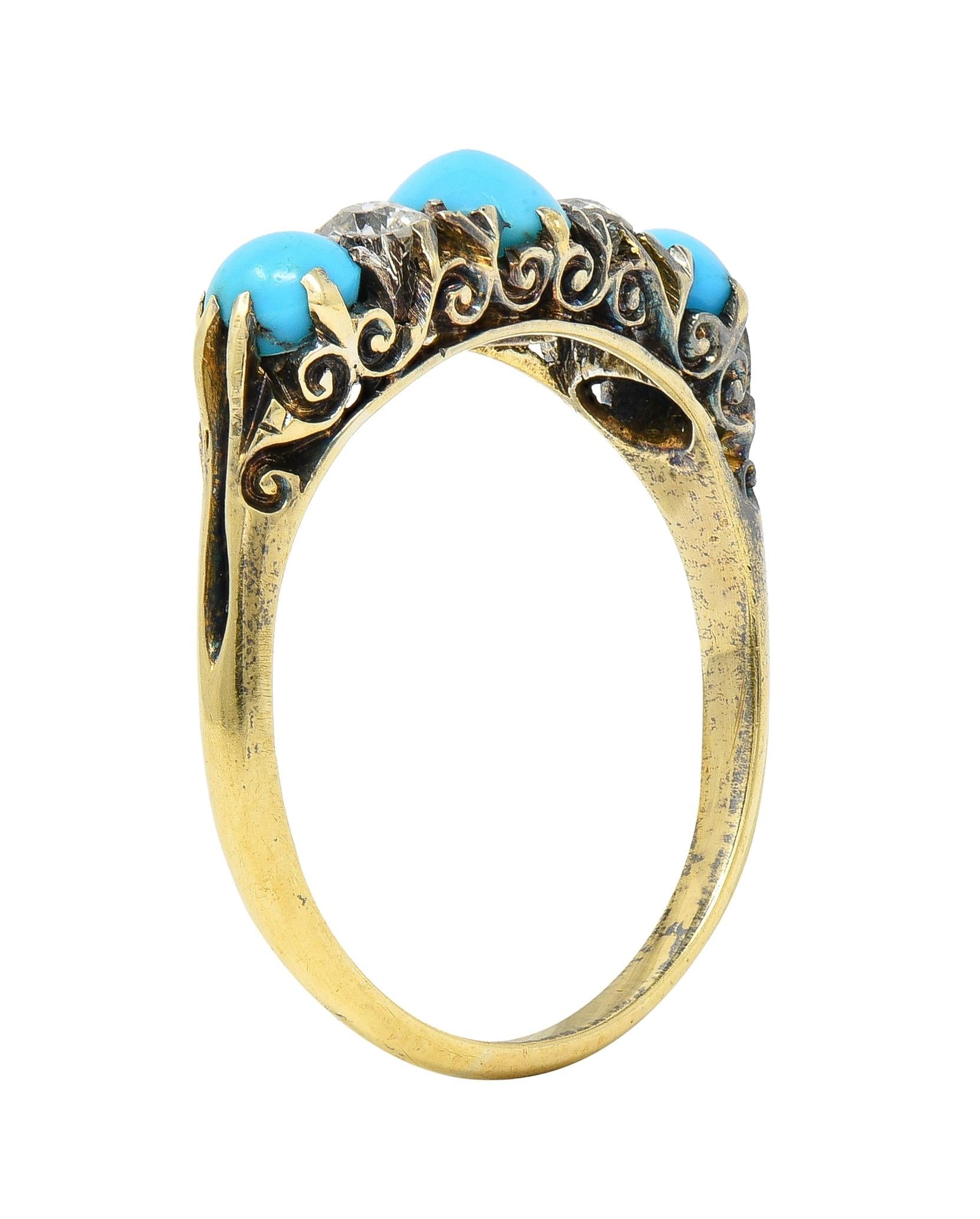 Victorian Turquoise Diamond 18 Karat Yellow Gold Scrolling Antique Band Ring