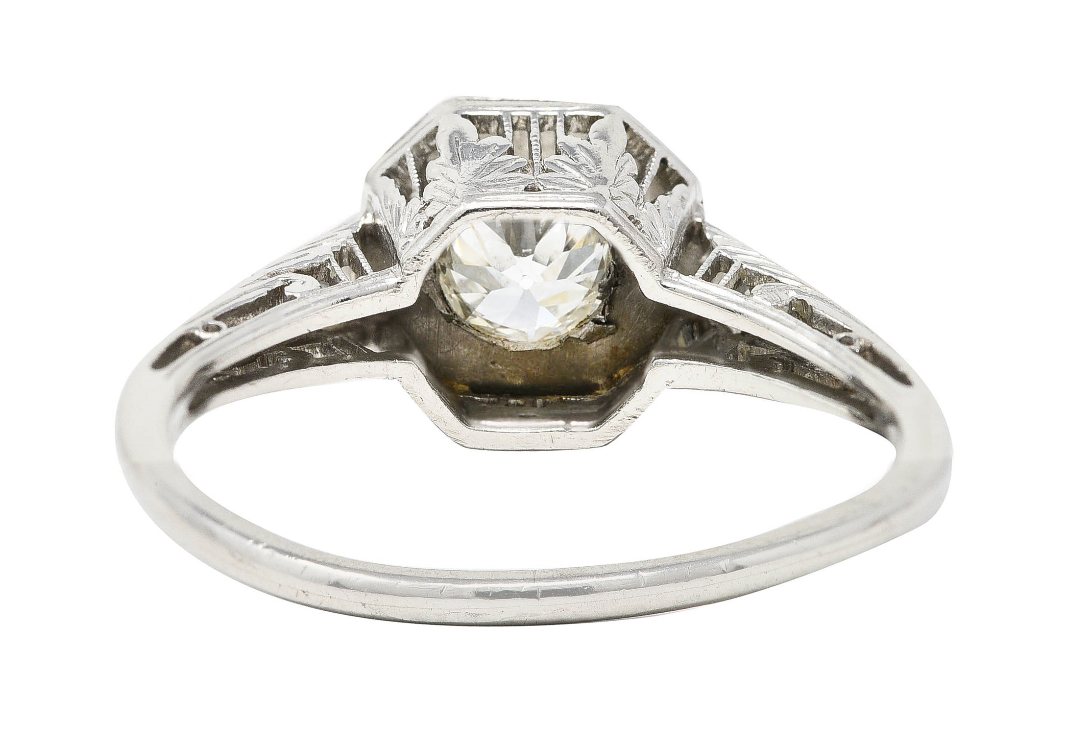 Art Deco 0.46 CTW Old European Cut Diamond Platinum Oak Leaf Engagement Ring Wilson's Estate Jewelry